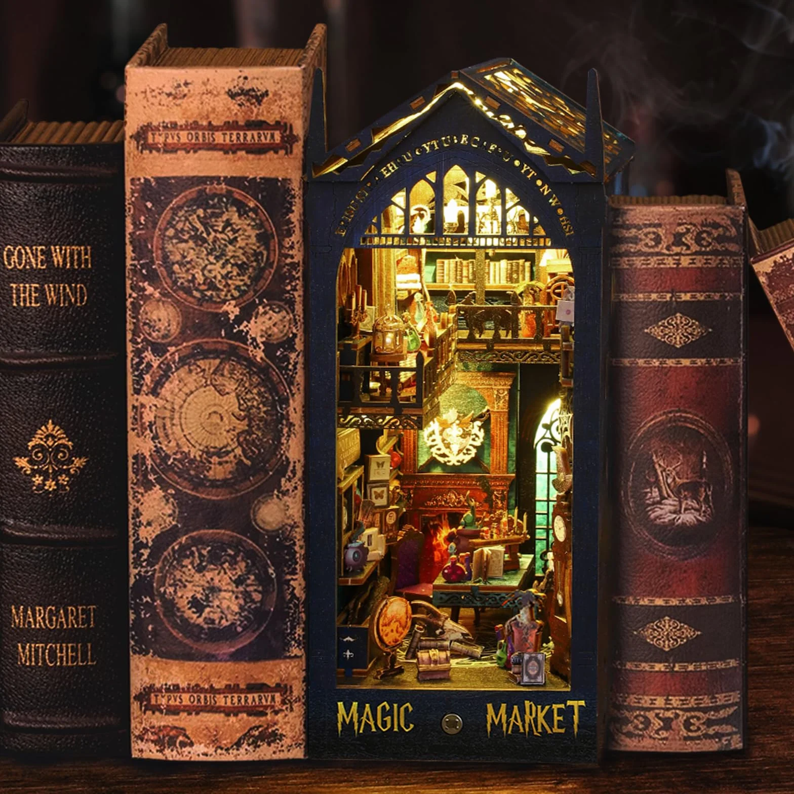 BuzzoXerex Book Nook Kit, miniaturowy dom, drewno 3D, zestaw narożny z meblami i lampami LED, dekoracja domu, kreatywny prezent