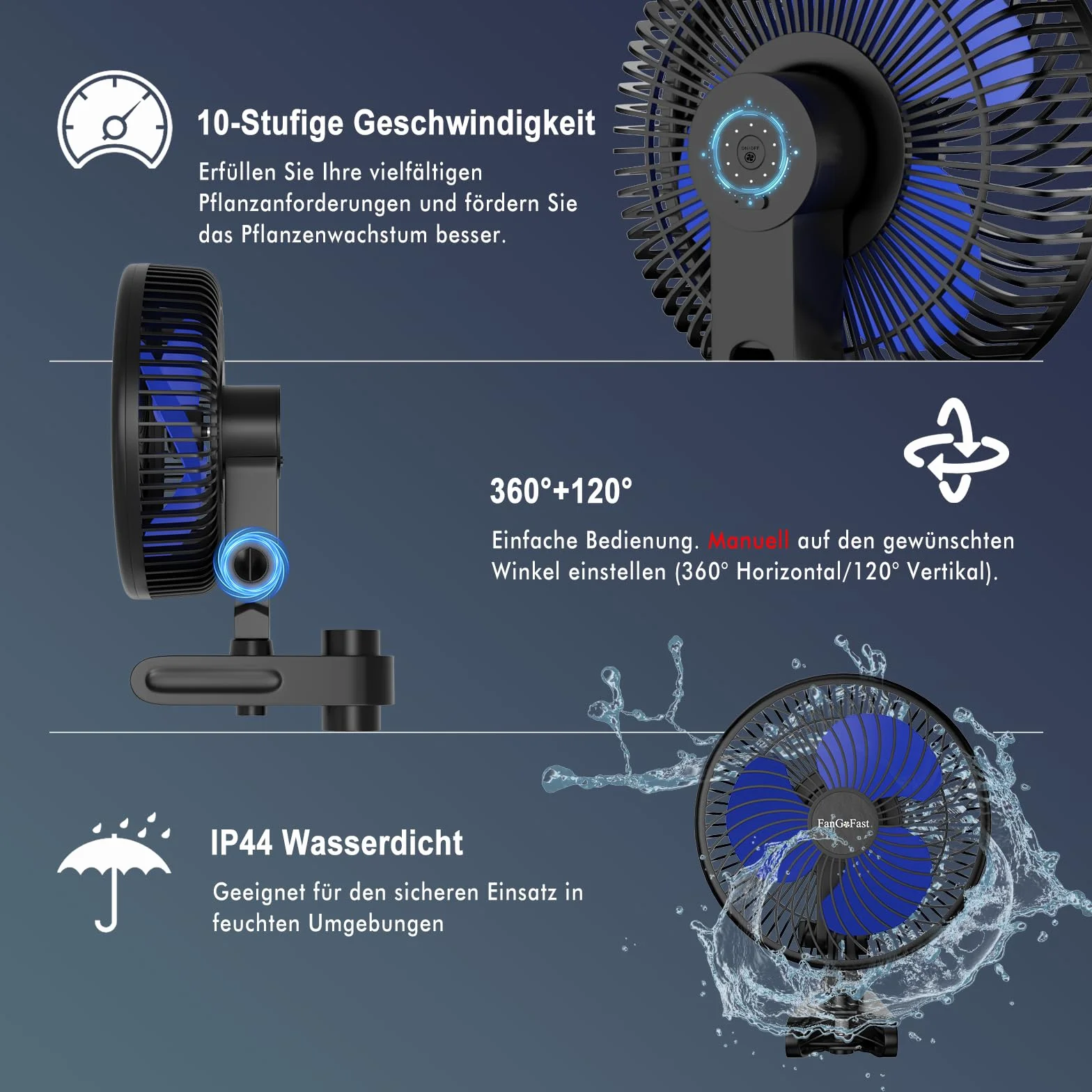 FanGoFast Wentylator Grow z silnikiem EC z klipsem, 10 stopni prędkości, wentylator do uprawy roślin, z zaciskiem do namiotu, średnica 20 cm, 10 W, 561 m³/h, strumień powietrza 32 dBA, idealny