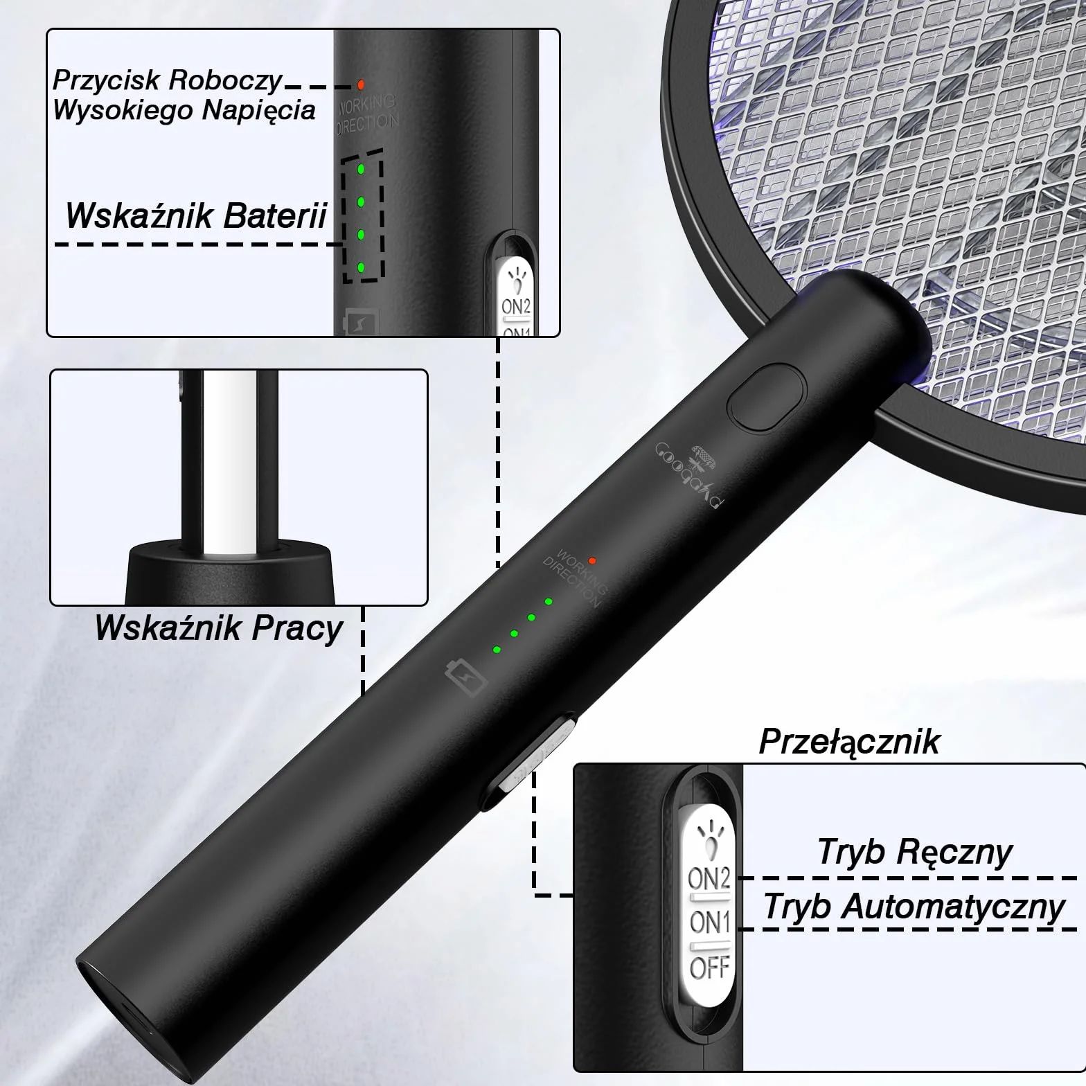 Elektryczna packa na muchy, GooQand 4000V Fly Killer Electronic z rakietą na muchy USB 2 w 1, poręczna packa na komary z 3-warstwową siatką ochronną do biwakowania wewnątrz i na zewnątrz, czarna，2szt