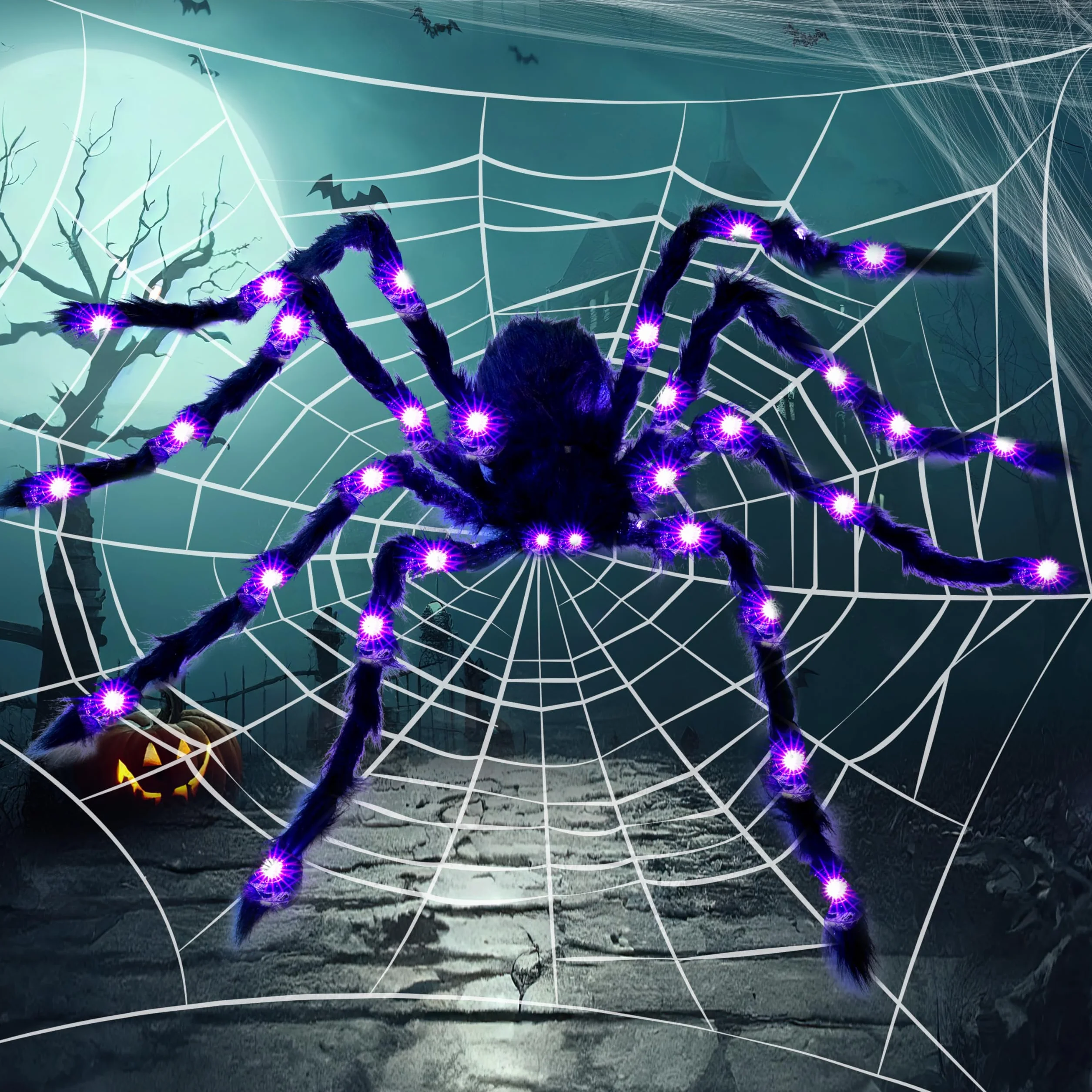 JOYIN 150 cm Halloween dekoracje zewnętrzne rozświetlany pająk
