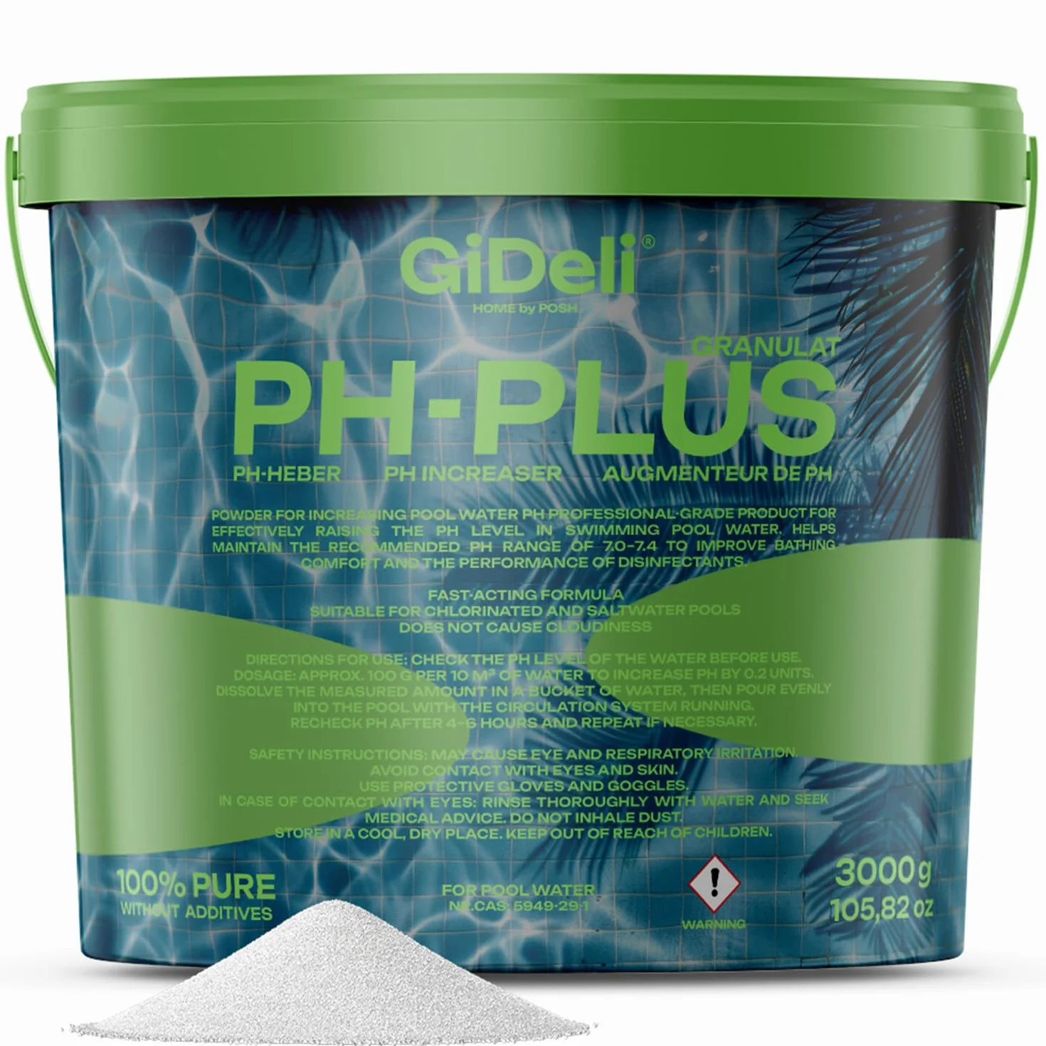 Granulki pH Plus, 3 kg w wiadrze, idealne do wartości pH w basenie, jacuzzi i jacuzzi, produkt do pielęgnacji wody dla krystalicznie czystej wody