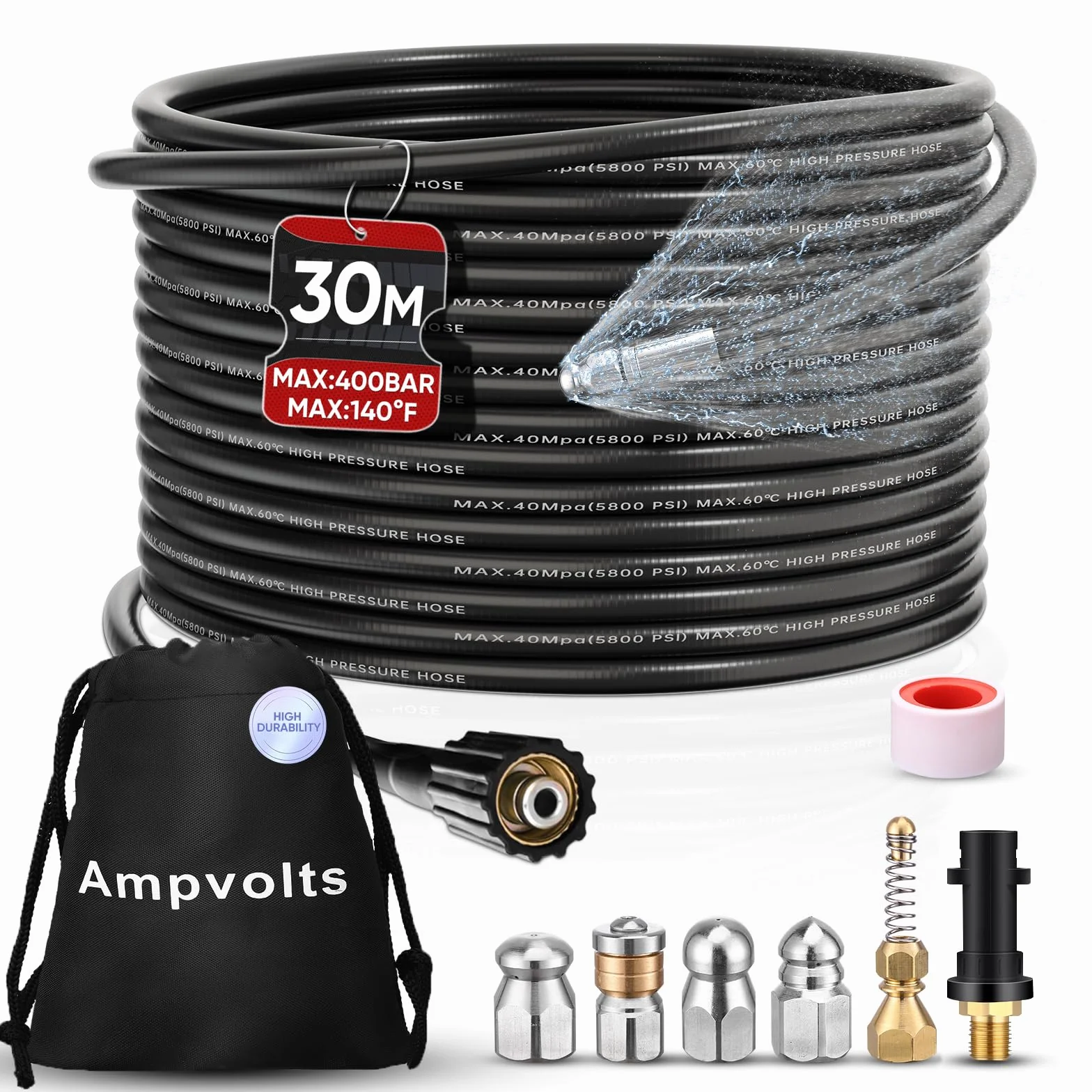 Wężyk do Czyszczenia Rur 30 m 400 Bar 5800 PSI Kompatybilny z Karcher K2 K3 K4 K5 K6 K7