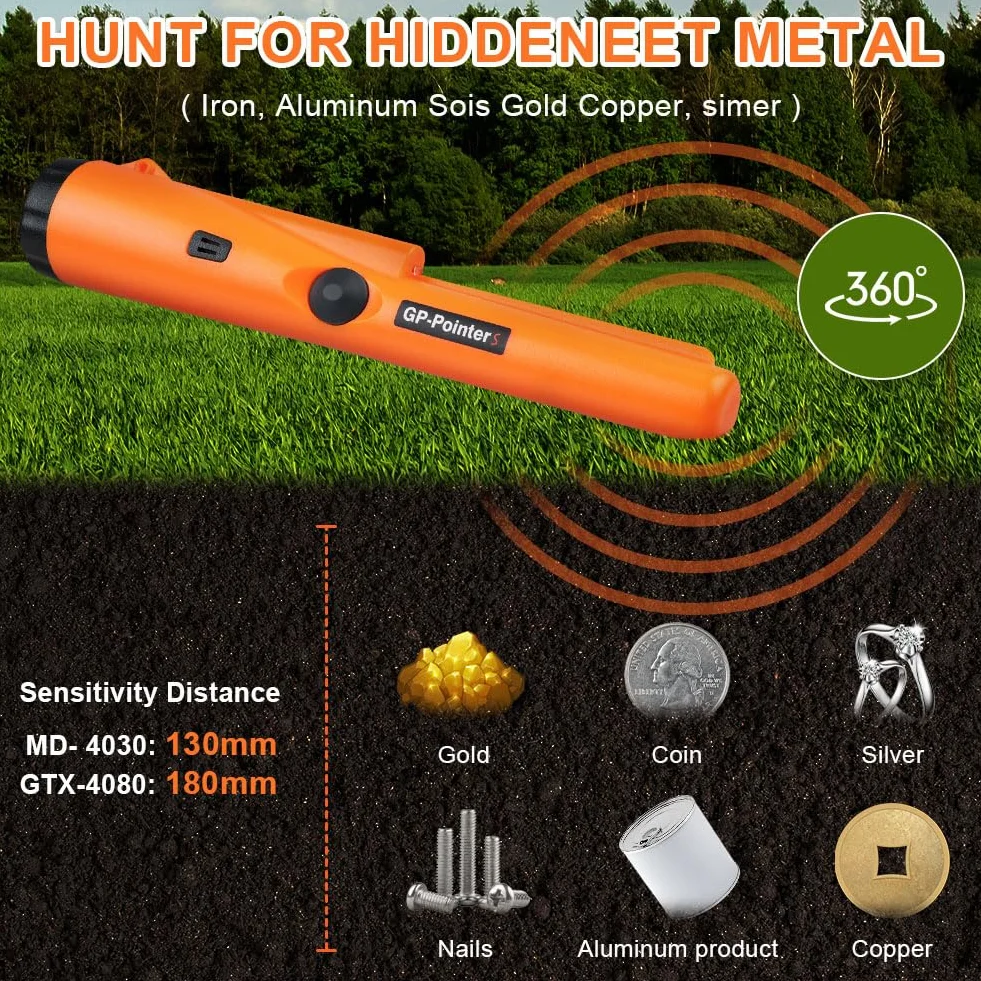 Flintronic Pinpointer, wykrywacz metalu, przenośny wykrywacz metali 360°, wodoodporny ręczny wskaźnik pinpointer, z diodami LED i kaburą, narzędzie do wykrywania metali do lokalizowania złota, monet
