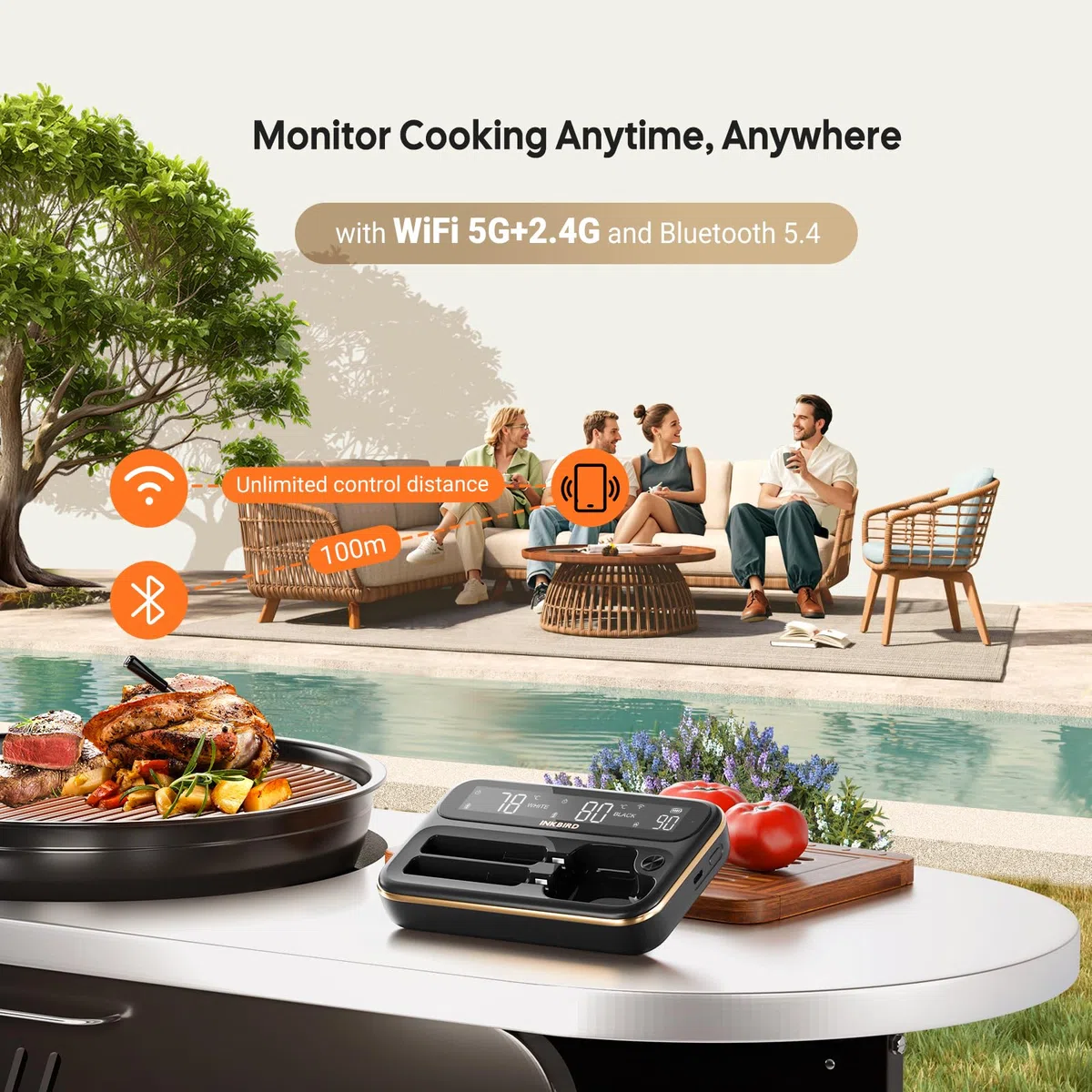 INKBIRD Inteligentny bezprzewodowy termometr do mięsa 5 GHz INT-12-BW, Bluetooth, WiFi, sonda do mięsa z dwoma sondami, podświetlany wyświetlacz LCD i inteligentna aplikacja do grilla, piekarnika
