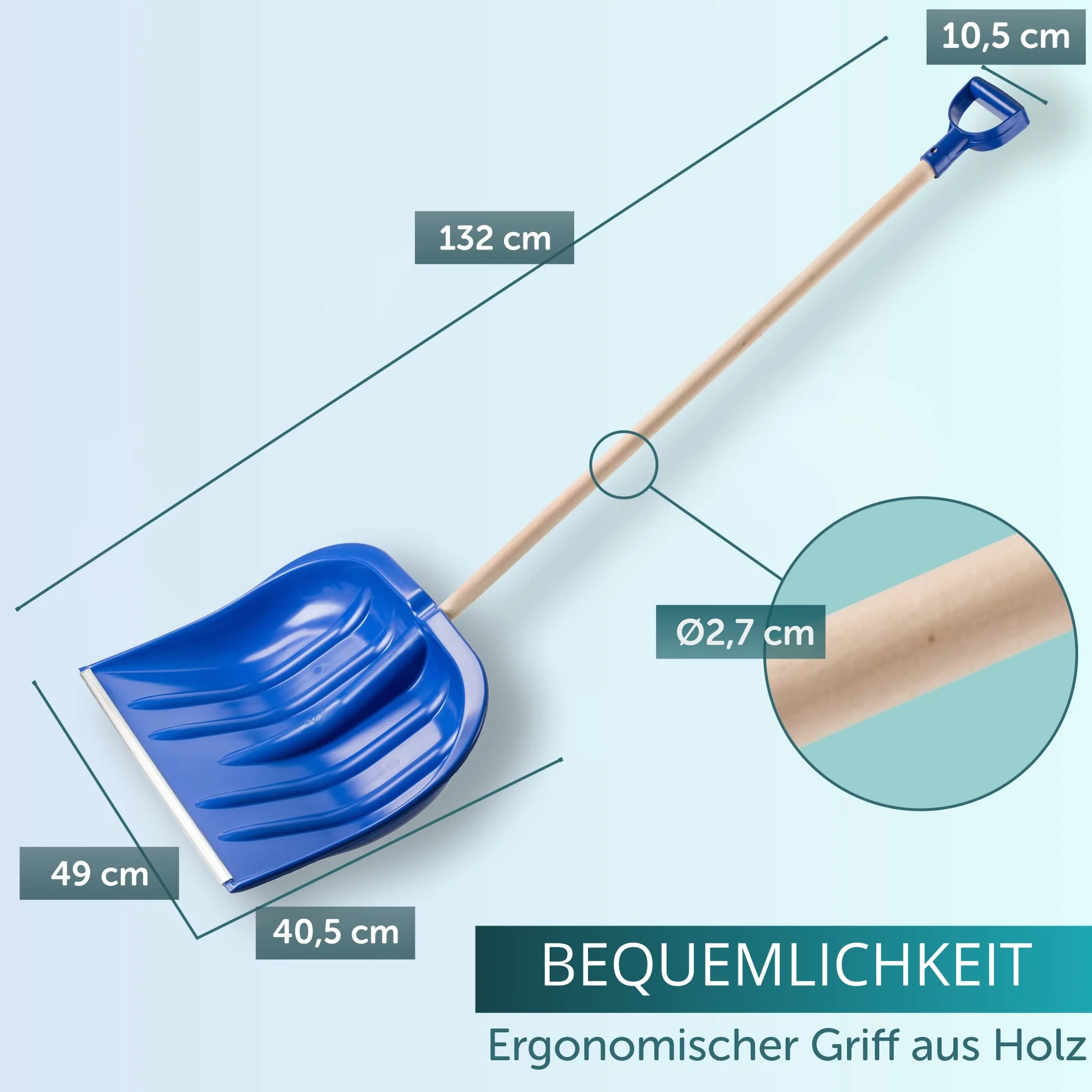 KADAX Plastikowa łopata do śniegu, szerokość: 49 cm, wyprofilowana szufla do odśnieżania z długim trzonkiem, łopata z uchwytem w kształcie litery D (drewniany trzonek, niebieski)