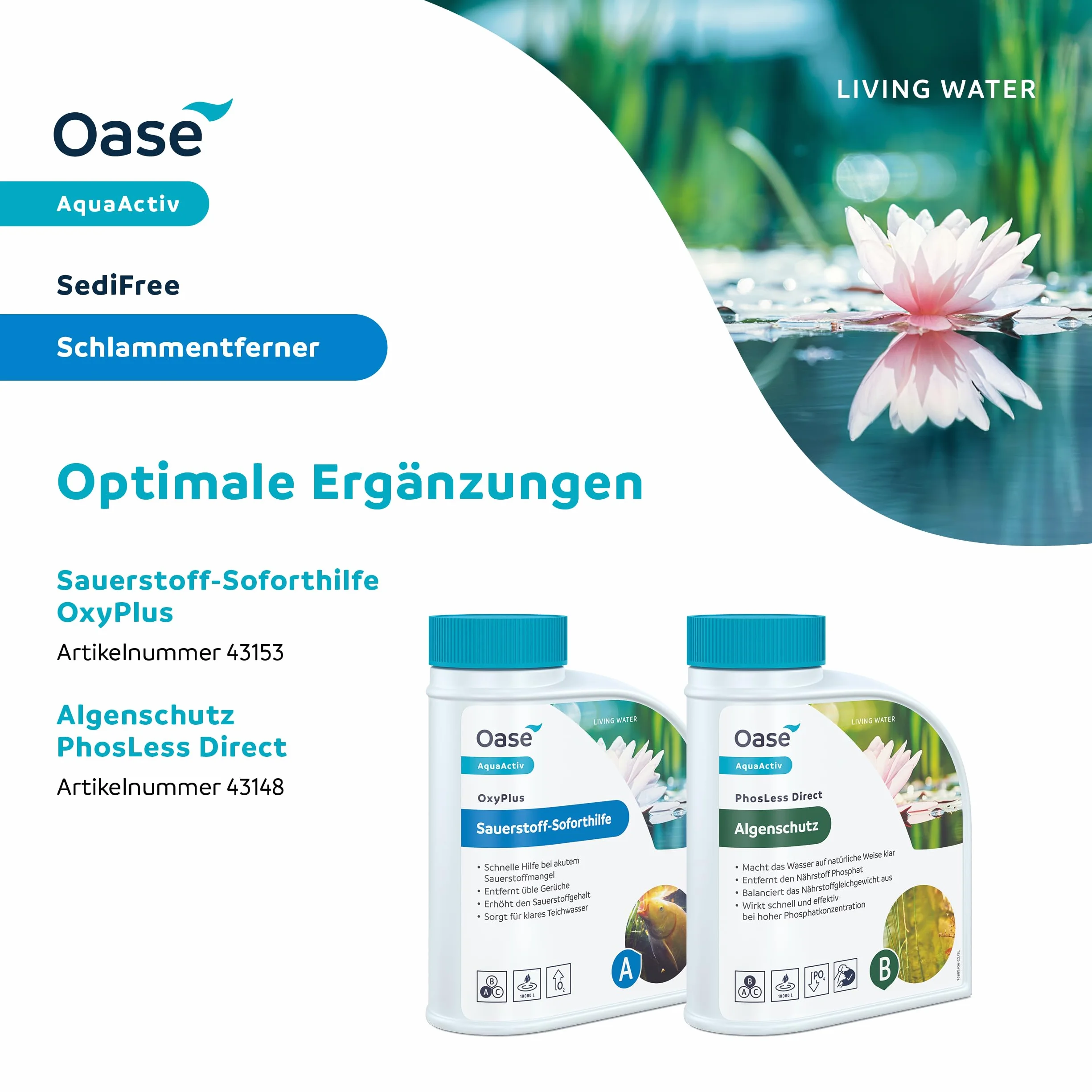 OASE 43143 AquaActiv SediFree środek do usuwania szlamu 500 ml – szybka i biologiczna pielęgnacja stawu z tlenem i bakteriami, usuwa błoto z stawu wodnego, oczka wodnego, stawu ogrodowego, koitoczka z ryby.