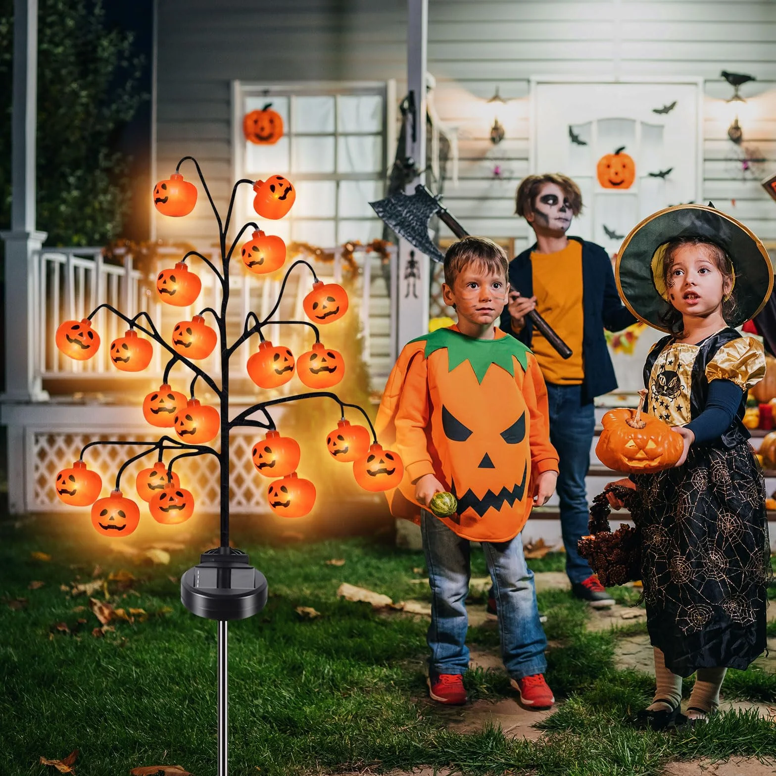 Dekoracja na Halloween, lampy solarne do ogrodu na zewnątrz, 2 sztuki, 20 diod LED, 2 tryby, wodoodporna, dekoracja, ogród, Halloween, pomarańczowa, dynia, lampion, ozdoba