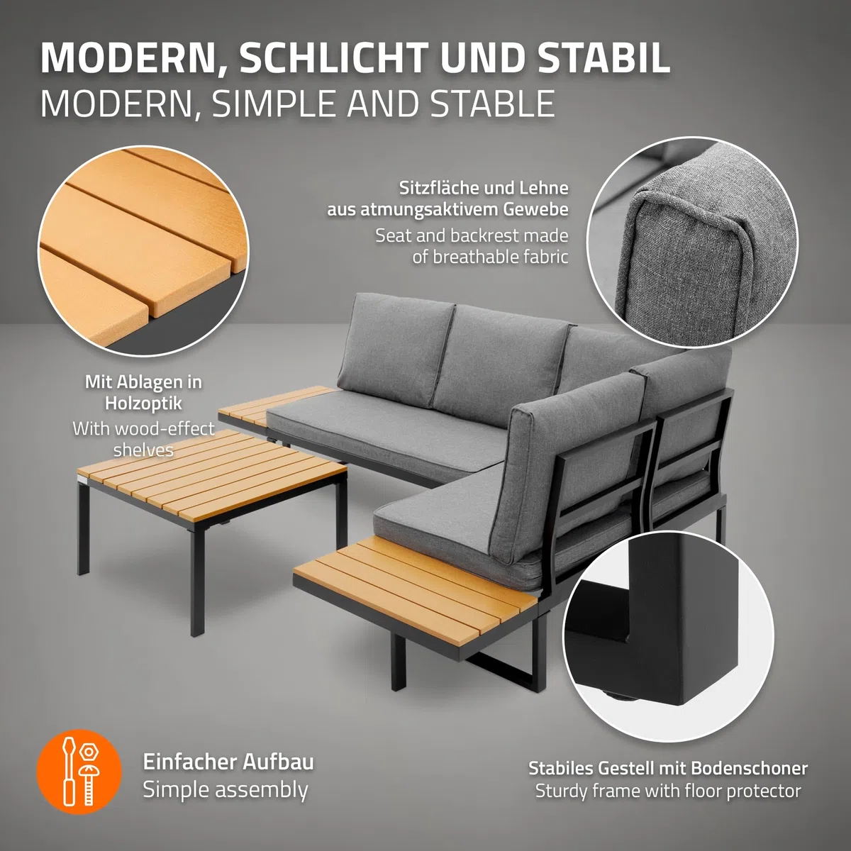 ML-Design Zestaw mebli ogrodowych 3-czesciowy narozny komplet wypoczynkowy taras balkon ogród sofa modulowa szara imitacja drewna poduszki stolik kawowy wodoodporny odporny na warunki atmosferyczne