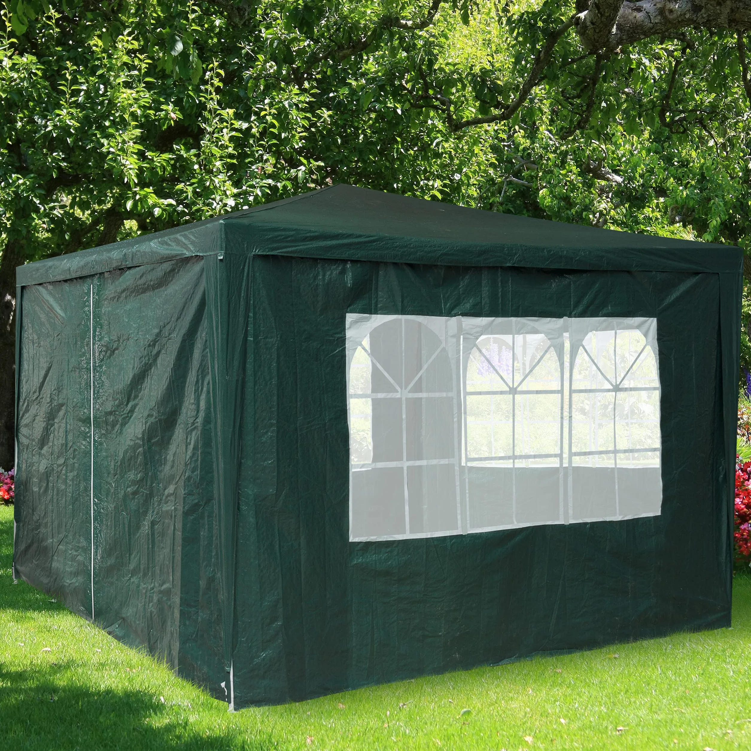 Relaxdays Ściana boczna do pawilonu, zestaw 4 sztuk, 3 ściany, okna, część boczna z zamkiem błyskawicznym, tworzywo sztuczne, wys. x szer. 2 x 3 m, kolor zielony