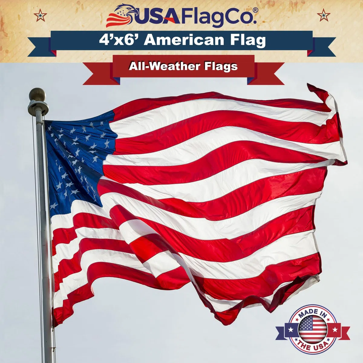 Amerykańska flaga flaga Co., wyprodukowano w USA, haftowane gwiazdy i paski szyte w USA, rozmiar US 4 x 1,5 m, nylon, 4 od 6 stóp