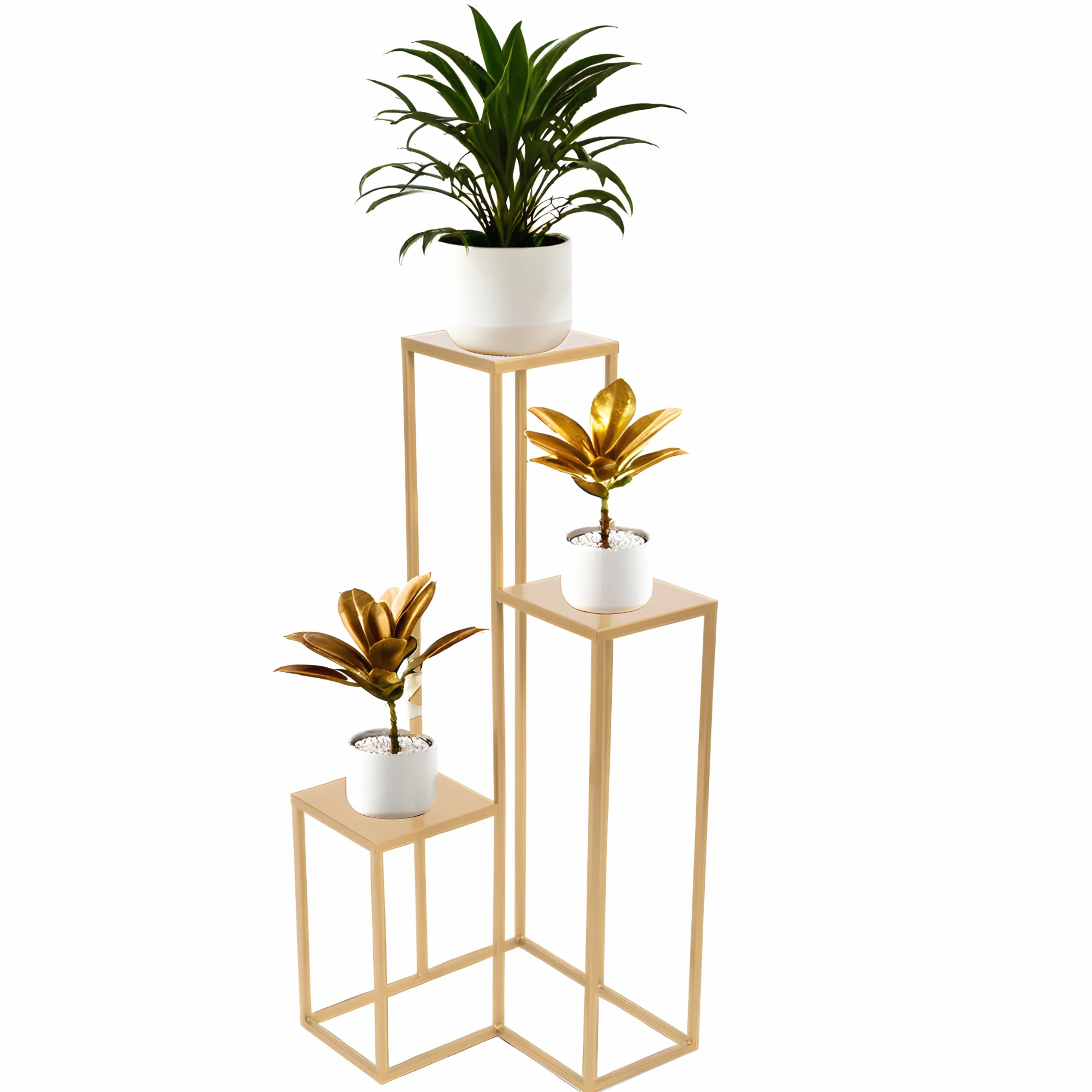 Stojak na rośliny Elle Metal - Kwietnik 3 poziomy - 40x40x95cm - kolor Złoty - do kwiatów w pomieszczeniach - metalowa półka - stolik dekoracyjny - stojak na kwiaty