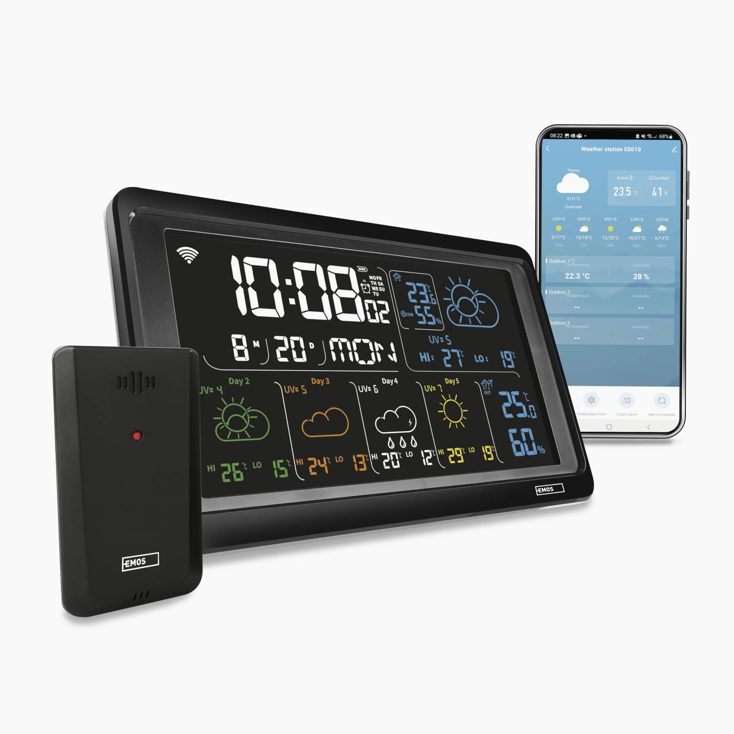 EMOS GoSmart – stacja pogodowa WiFi z bezprzewodowym czujnikiem zewnętrznym i aplikacją – kolorowy wyświetlacz, 5-dniowa prognoza pogody, termometr, higrometr, zegar kompatybilny z Tuya, Smartlife – w