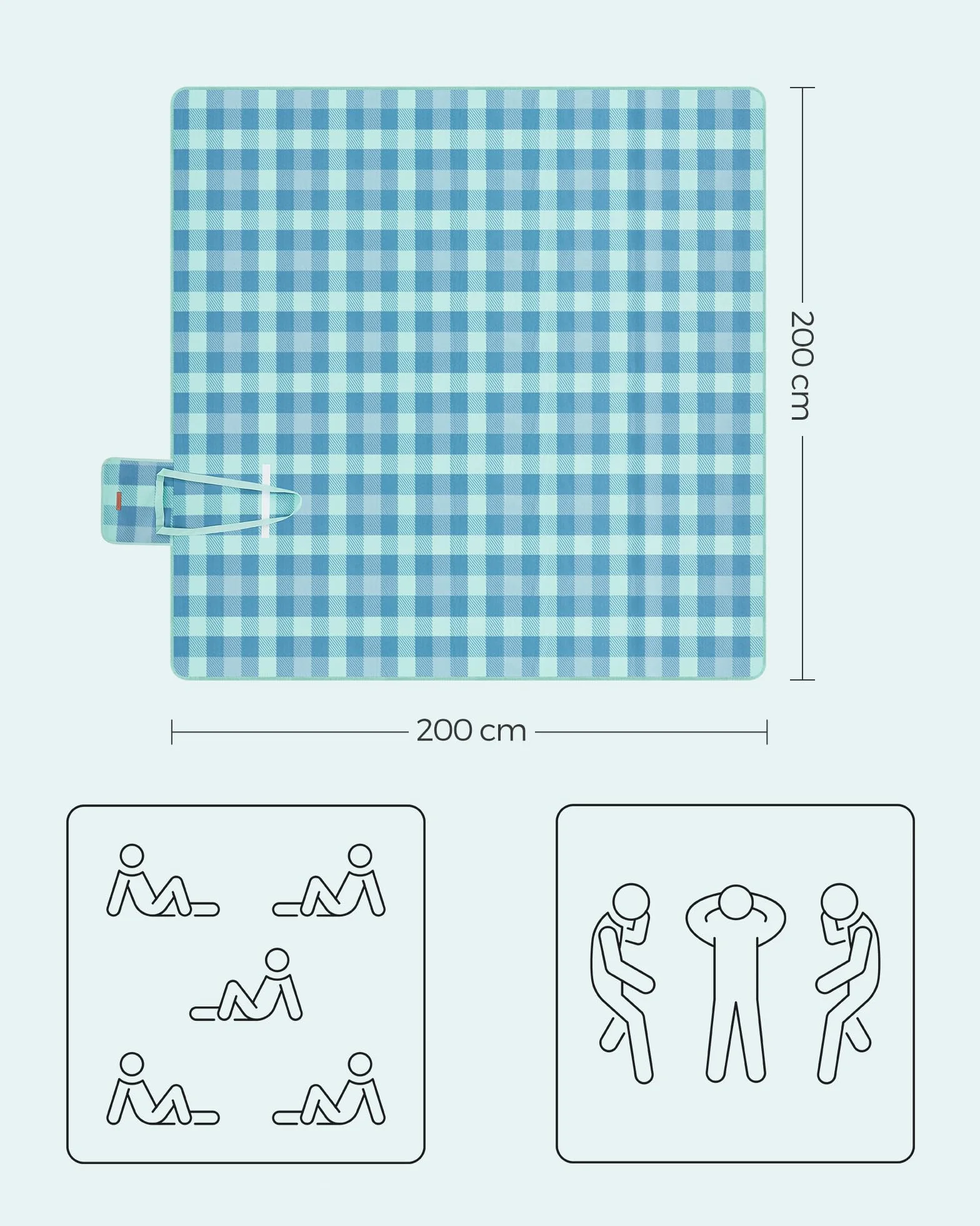 SONGMICS Koc piknikowy, 200 x 200 cm, 4 śledzie zapobiegające nadmuchaniu, duża mata na kemping, do parku, ogrodu, na plażę, na zewnątrz, wodoodporny spód, składany i przenośny, zielony i niebieski