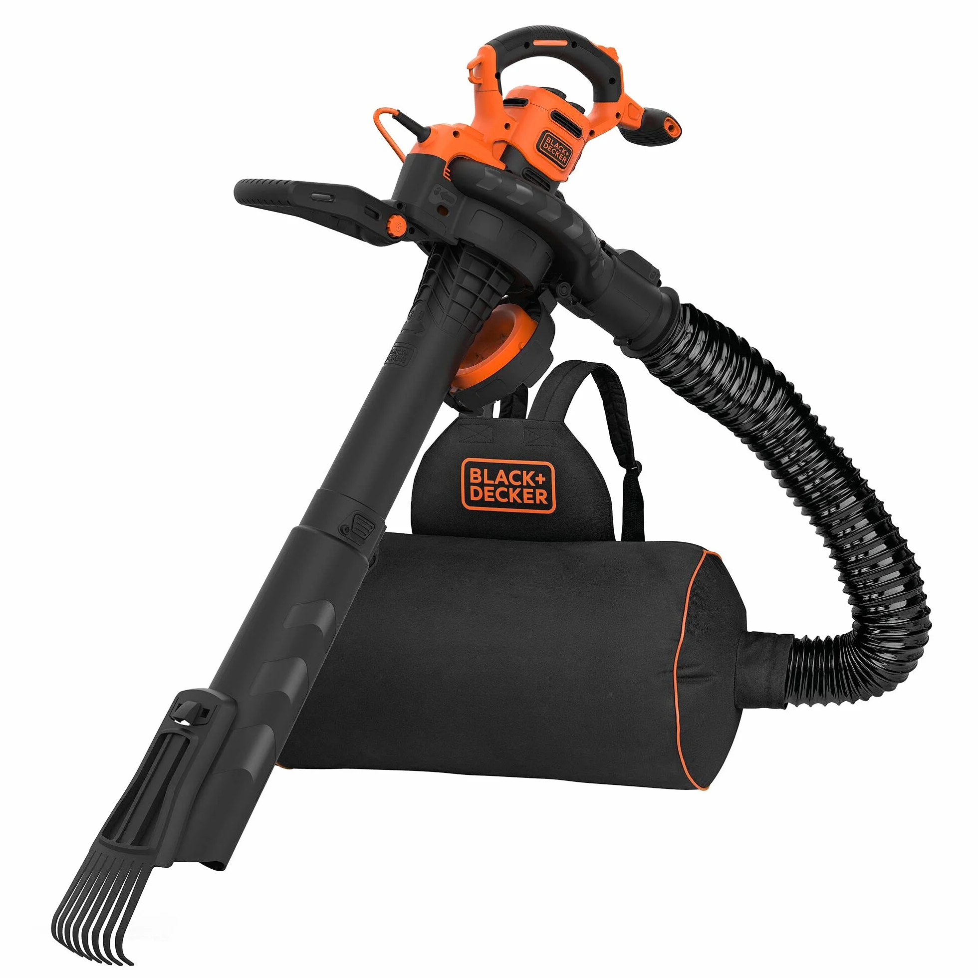 Black & Decker Elektryczny Odkurzacz do Liści 3 W 1, Odkurzacz, Dmuchawa I Rozdrabniacz do Liści, 3000 W, Plecak na Liście o Pojemności 72L oraz Grabie, BEBLV301