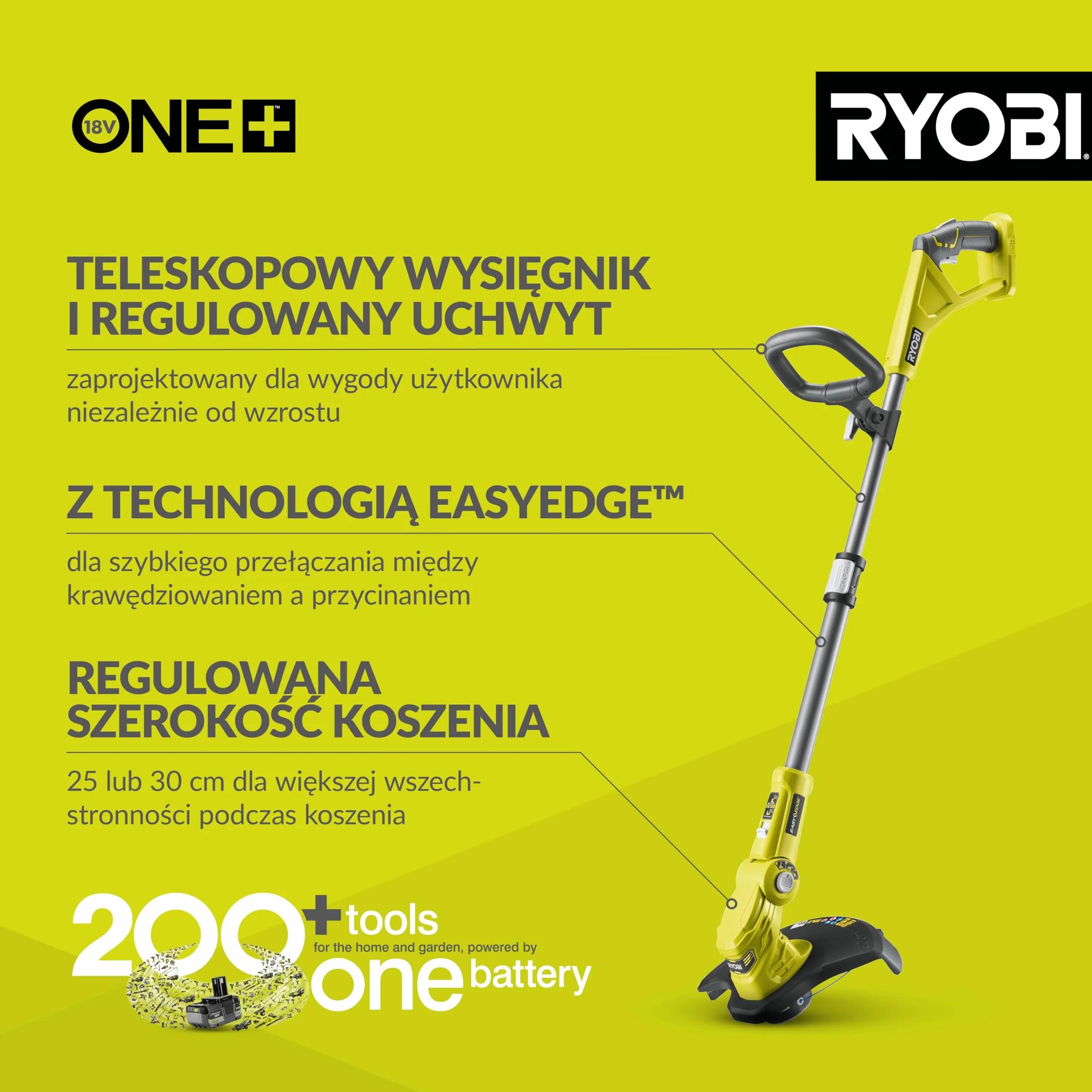 Ryobi Podkaszarka 18 V, OLT1832, Szerokość Koszenia 25 cm Lub 30 cm, Teleskopowy Regulowany Wysięgnik, Wersja bez Akumulatora i Ładowarki
