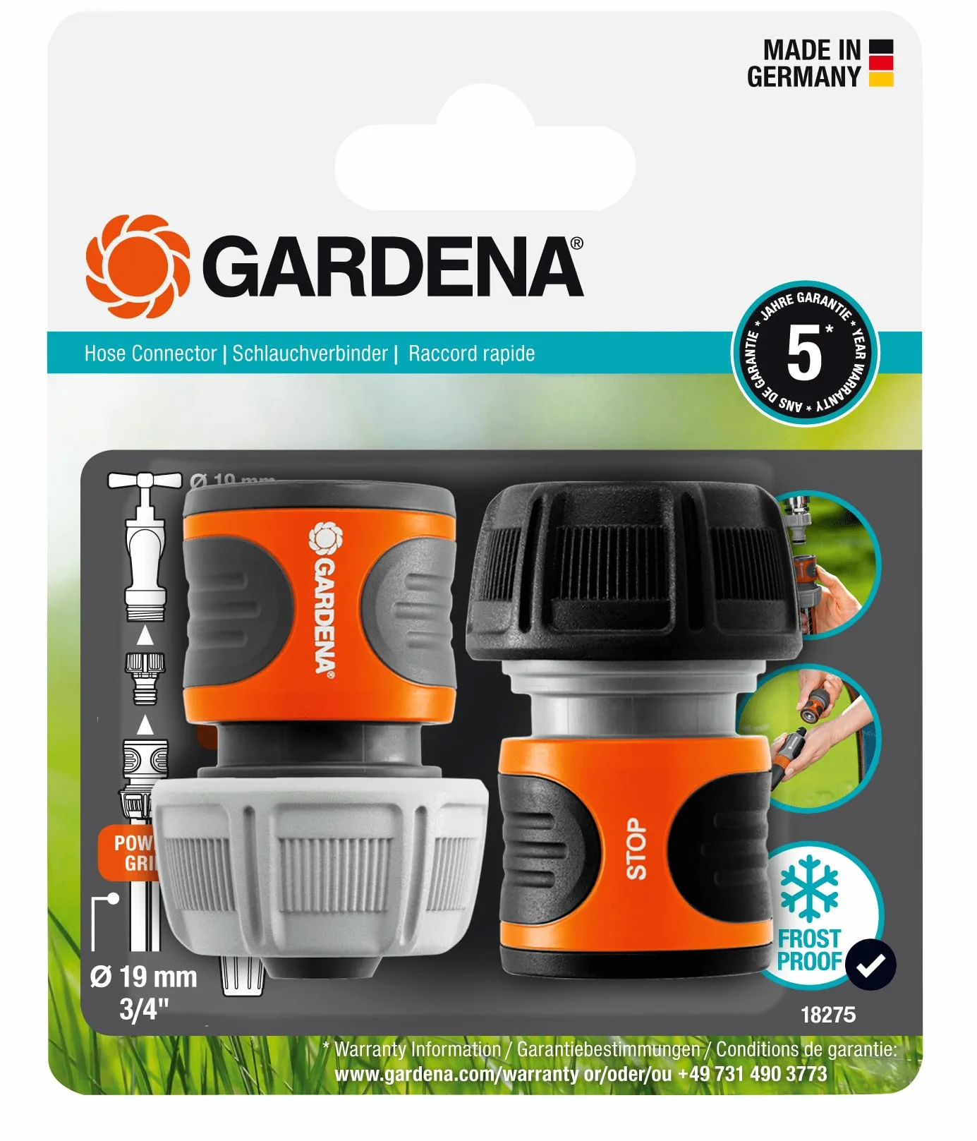 Gardena zestaw złączek węża 19 mm (3/4 cala): Do wylotu i końcówki węża, przyłącze pasujące do wszystkich części systemu Original Gardena, z ochroną przed promieniowaniem UV i mrozem (18275-20)