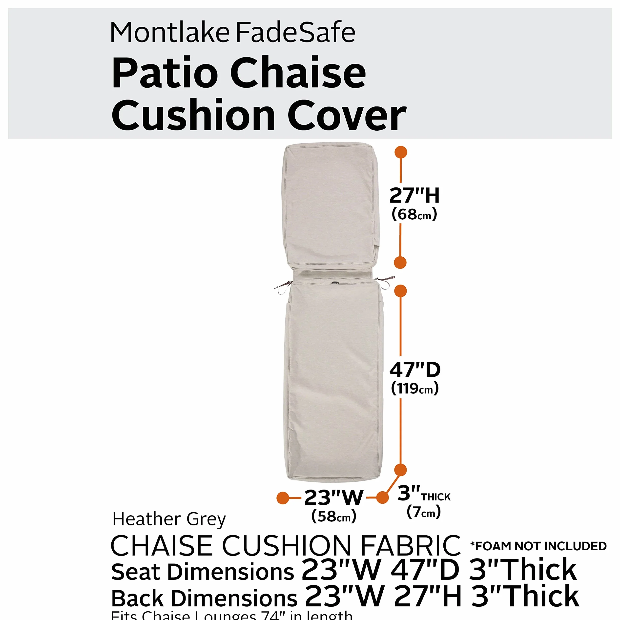 Classic Accessories Montlake FadeSafe wodoodporna 184 x 68 x 7,6 cm patio poszewka na poduszkę leżak poszewka na poduszkę, szary wrzosowy