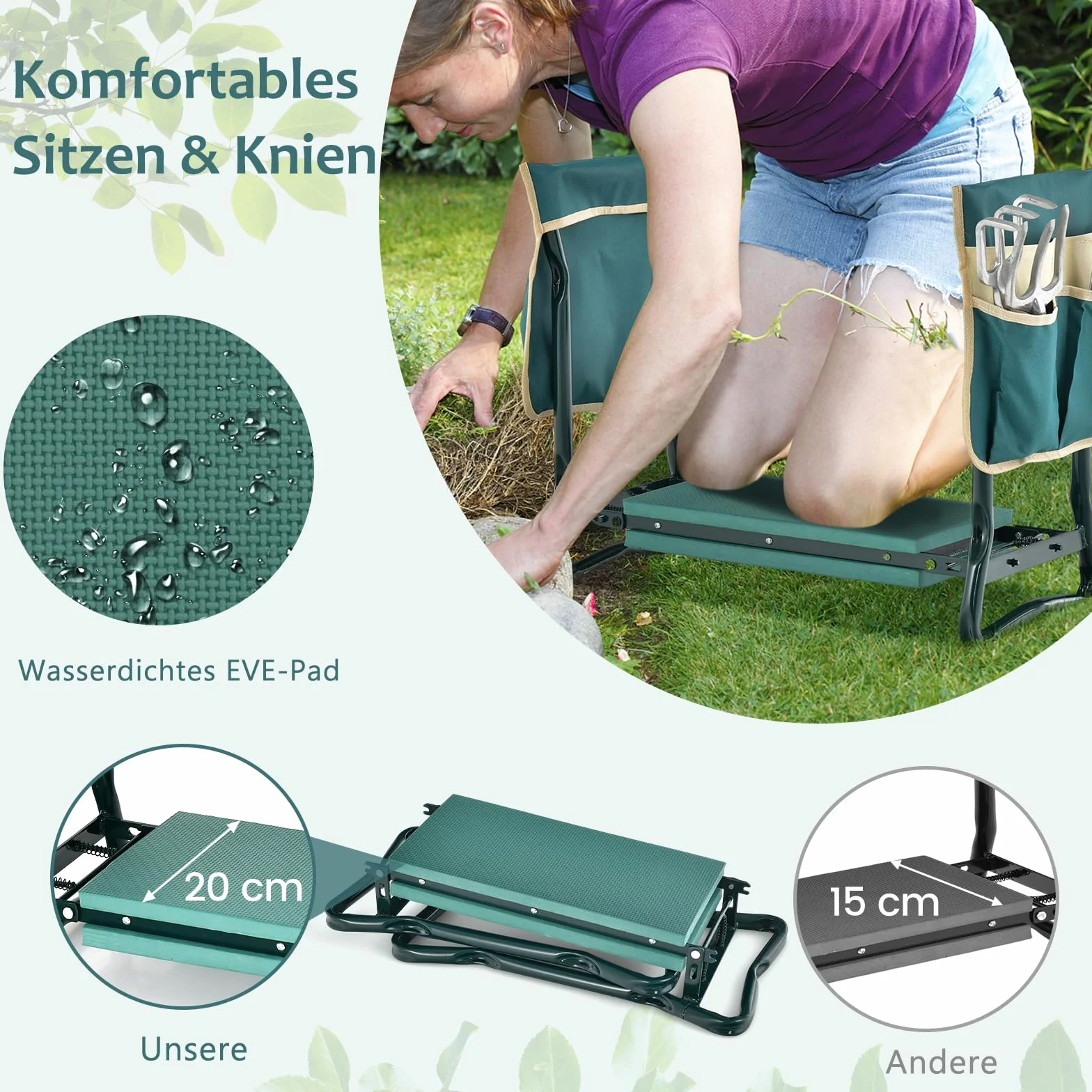 GOPLUS Ławka na kolana, stołek roboczy 2 w 1, składany taboret ogrodowy z torbą na narzędzia i poduszką piankową EVA, obciążenie do 150 kg, pomoc w kolanach do prac ogrodowych (z 2 kieszeniami na