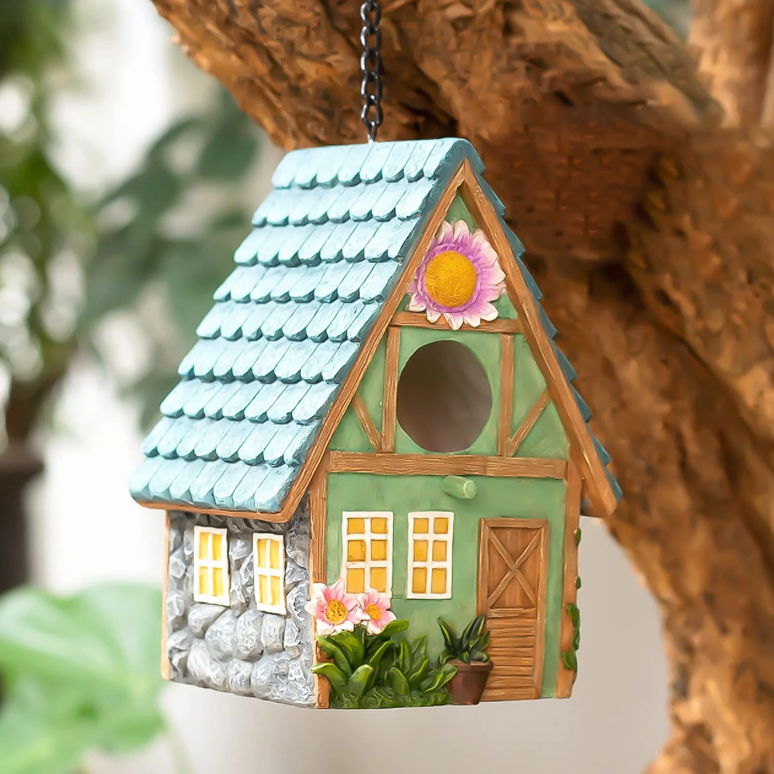 Drewniany domek dla ptaków 21 x 15 x 13 cm dekoracyjny dach wiszący do ogrodu
