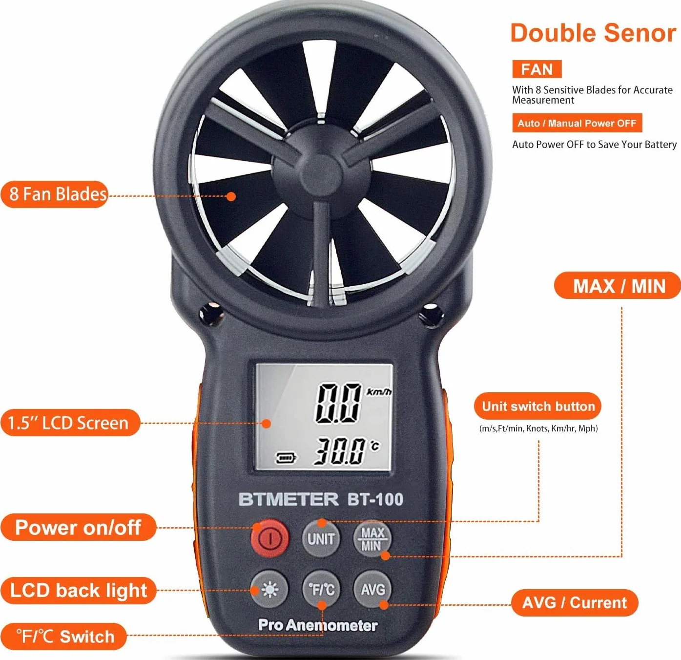 BTMETER BT-100 cyfrowy anemometr ręczny miernik prędkości wiatru 10-45°C