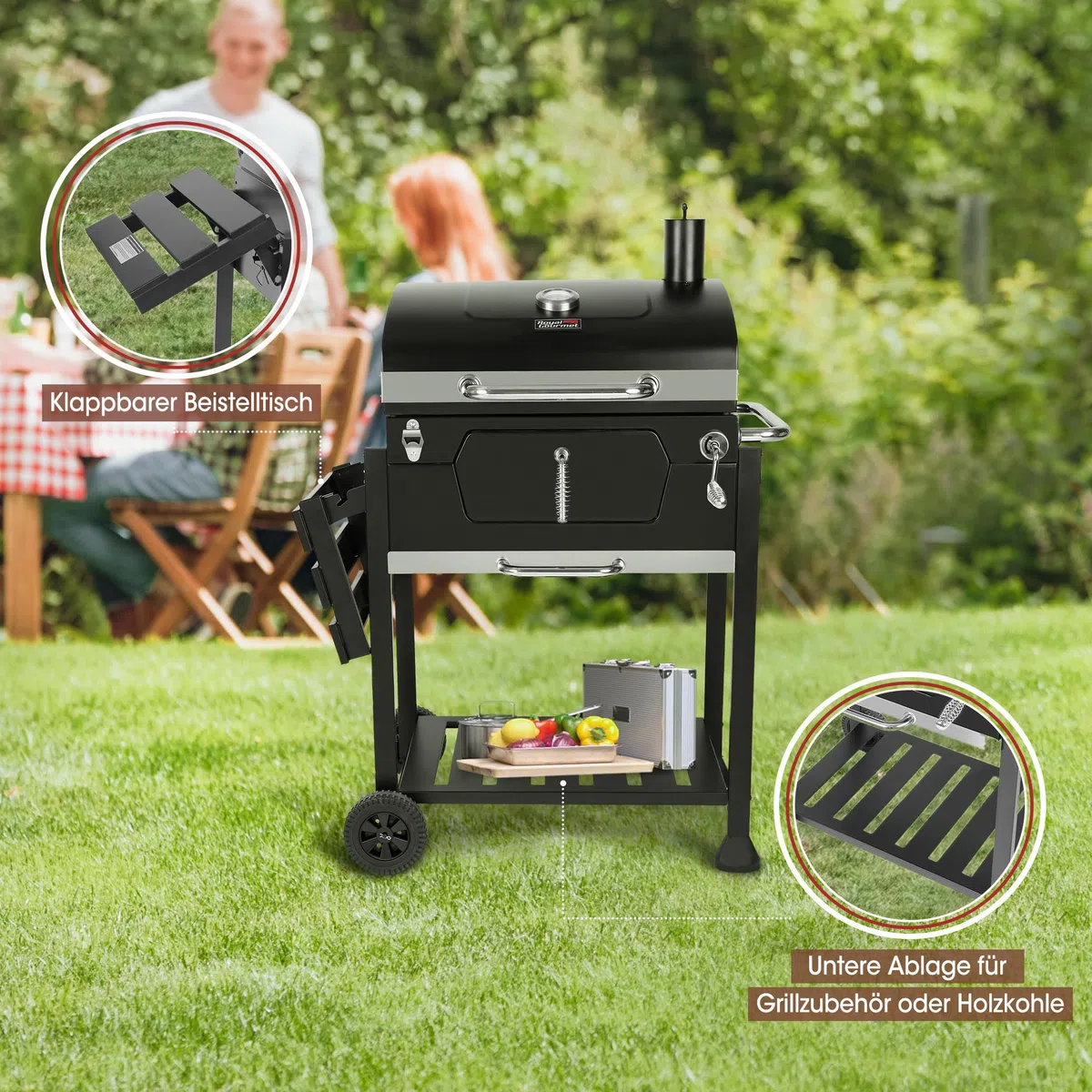 Royal Gourmet Grill na węgiel drzewny, grill na kółkach, grill kempingowy, węgiel drzewny, powierzchnia grillowania, 59 x 42 cm, czarny