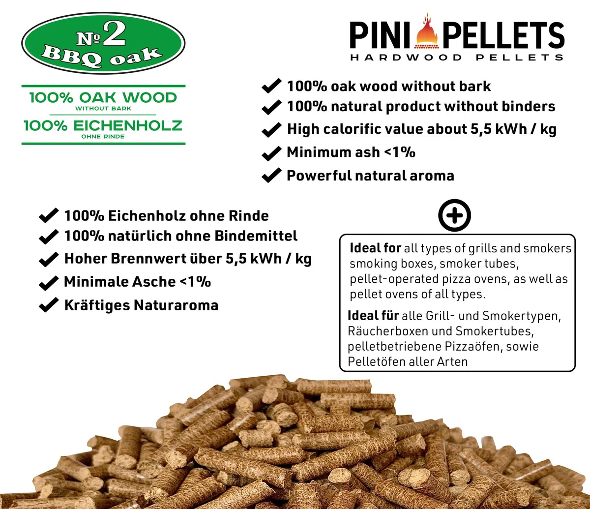 PINI Grillpellets 15 kg – pellet drzewny, 100% dąb, nr 2, do grillowania, wędzenia, również do pieców na pellet