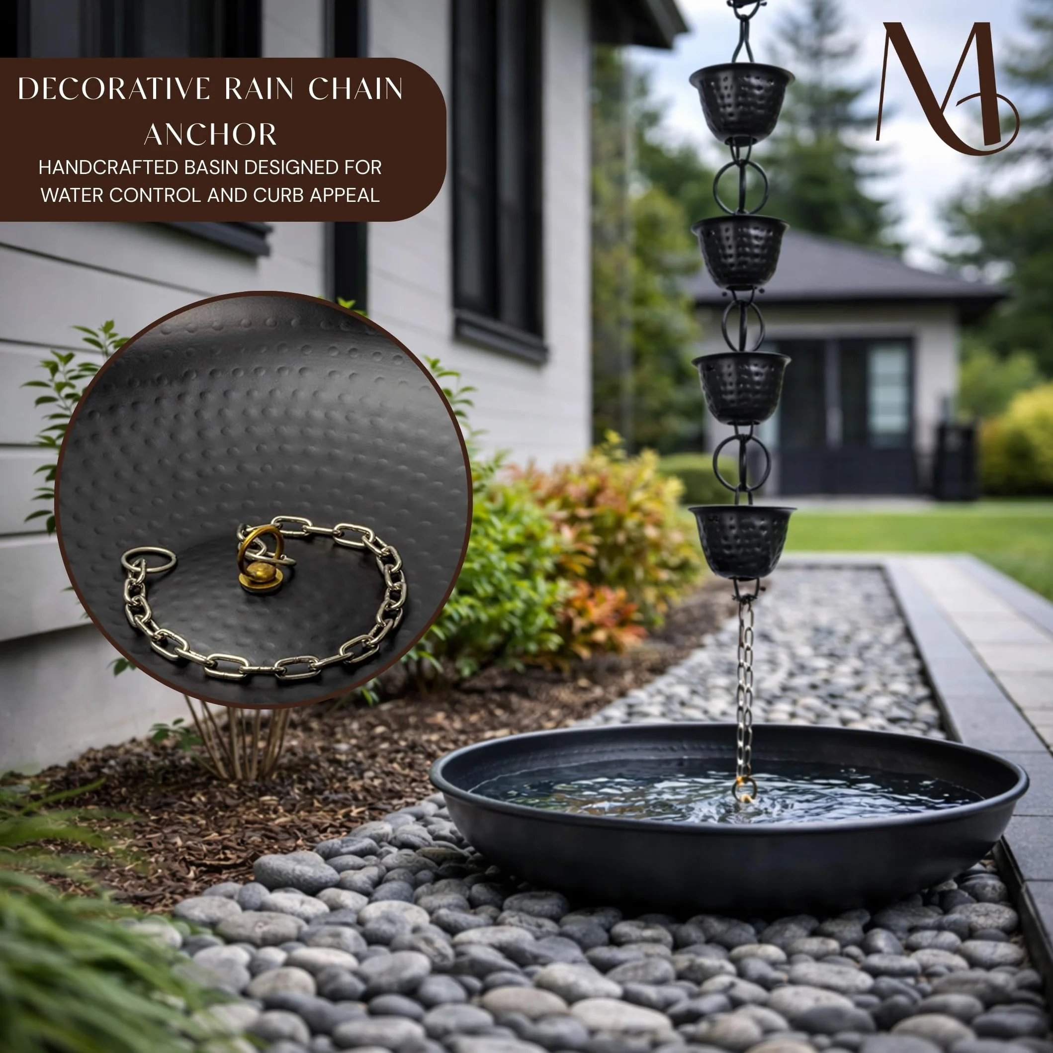 Monarch Rain Chains Umywalka 38 cm, ręcznie młotkowany, łańcuch deszczowy, rynny odpływowe, do ogrodu, trawnika i na patio, średnica 38 cm, czarny matowy