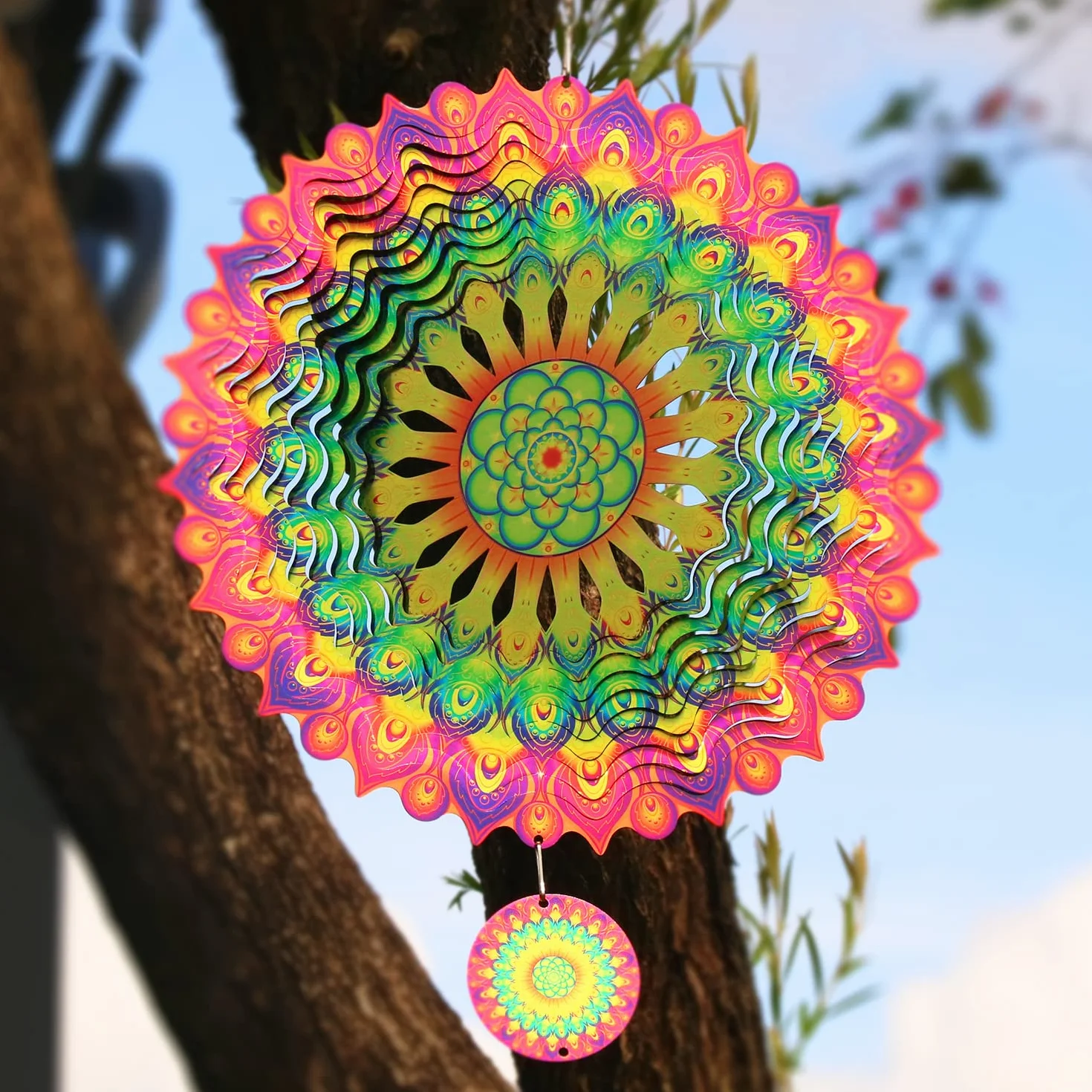 3D Mandala Wiatrówki 30 cm Dekoracje Rzeźby Kinetyczne Wiszące Whirligigs Stal nierdzewna Laserowo Wycinane Metalowe Mandale Sztuka, Gwiazda Wisząca Dr Wystrój Wnętrz/Na Zewnątrz, Zielony