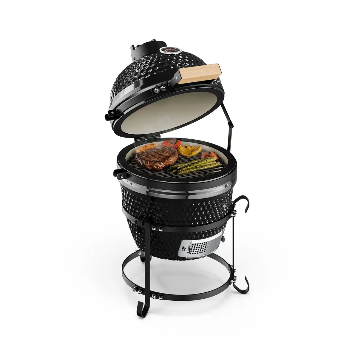 Klarstein Princesize grill Kamado, ceramiczny grill na węgiel drzewny, z pokrywką, ceramika, dobre magazynowanie ciepła, termometr wewnętrzny, drewniany uchwyt, zdejmowany stelaż, czarny