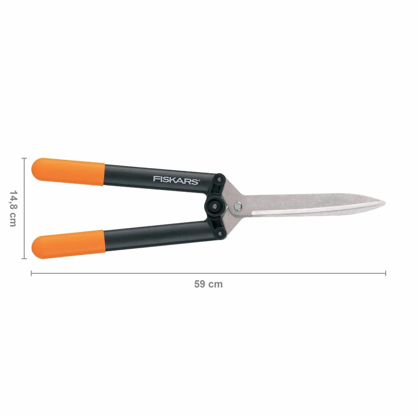 Fiskars Nożyce do żywopłotu HS52, nieprzywierająca powłoka, Wysokiej jakości stalowe ostrza/ tworzywo sztuczne wzmocnione włóknem szklanym, Długość: 58,5 cm, Czarno-pomarańczowy, Powerlever, 1001564