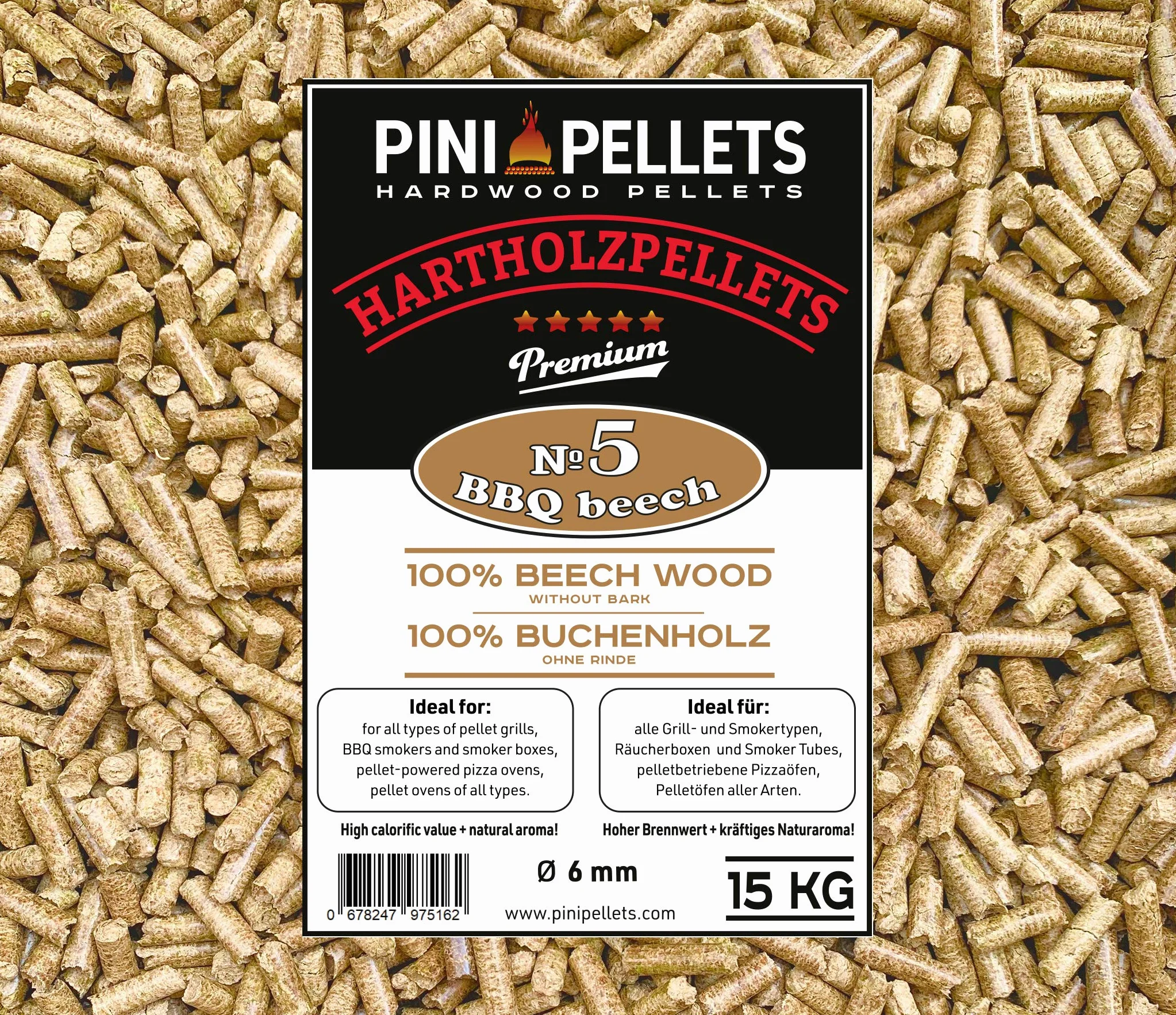 PINI Pellet z twardego drewna, 100% buk № 5 BBQ Beech 15 kg pellet do grillowania, wędzenia