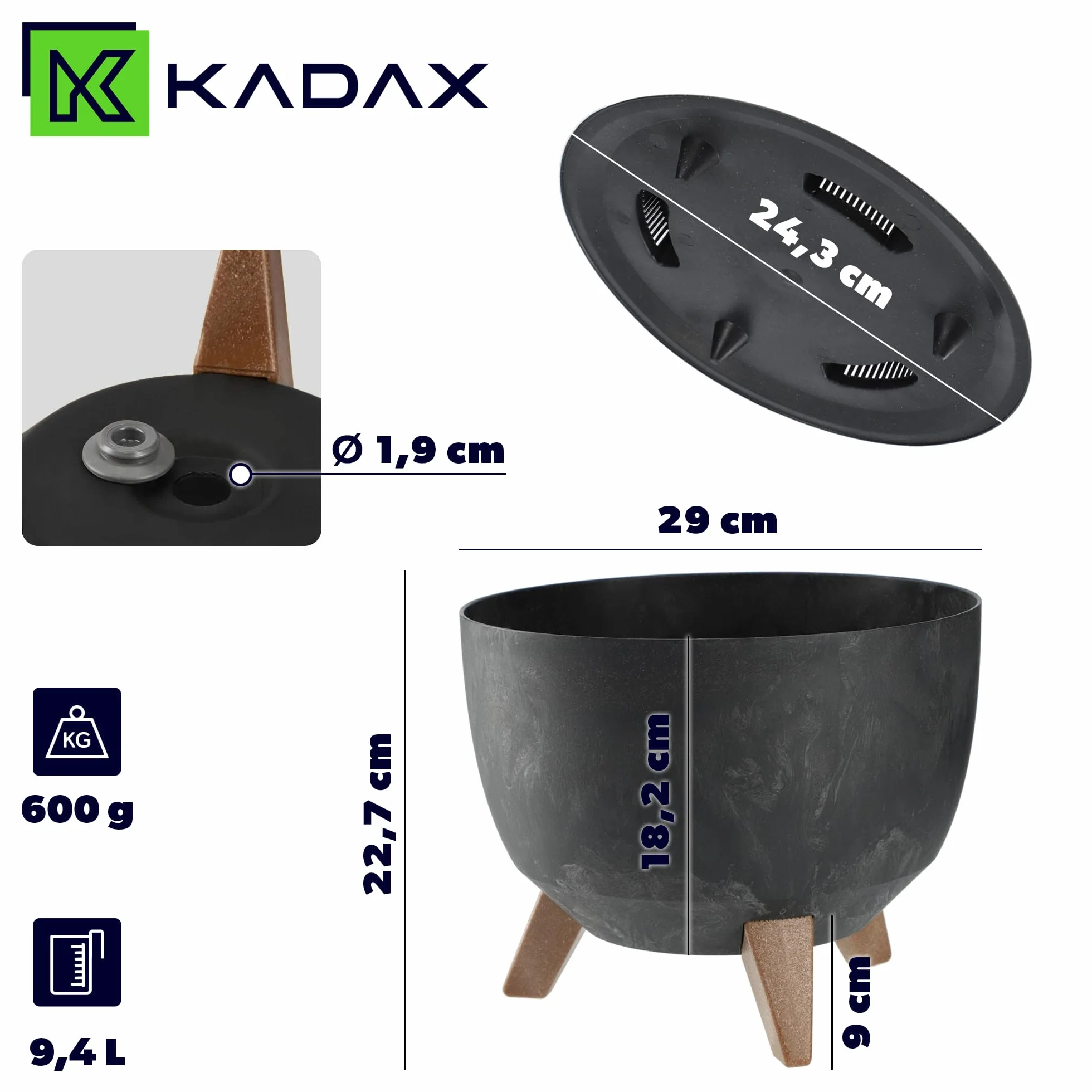 KADAX Doniczka z tworzywa sztucznego z trzema podpórkami, okrągła donica na kwiaty, donica na rośliny, na balkon, do salonu (czarna, Ø 29 cm)