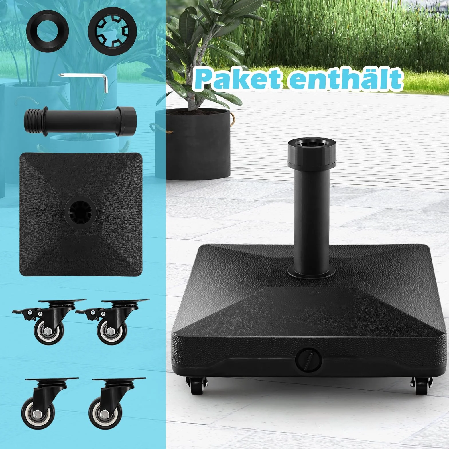 COSTWAY Stojak na parasol przeciwsłoneczny z kółkami, do napełniania wodą lub piaskiem, 32/48 mm, czarny
