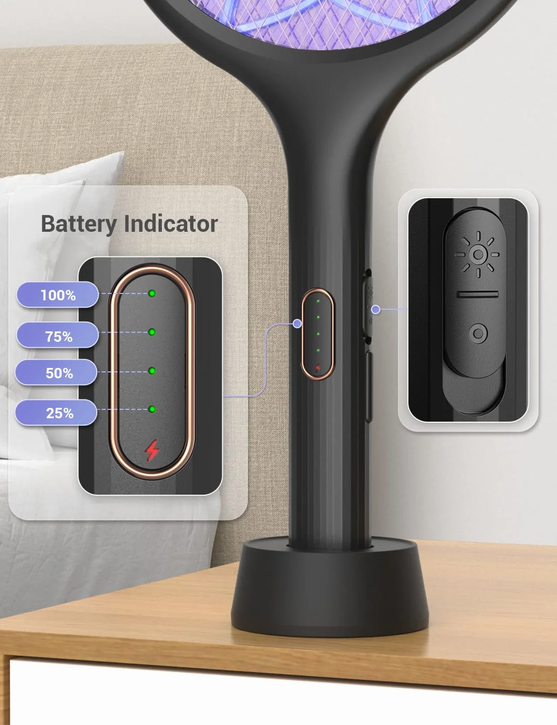 YISSVIC Elektryczna łapka na komary Extra Strong 4000 V 2 w 1 USB C z akumulatorem Akumulatorowa ze stabilną podstawą pułapką na światło UV Przeciw komarom Muchom Czarny