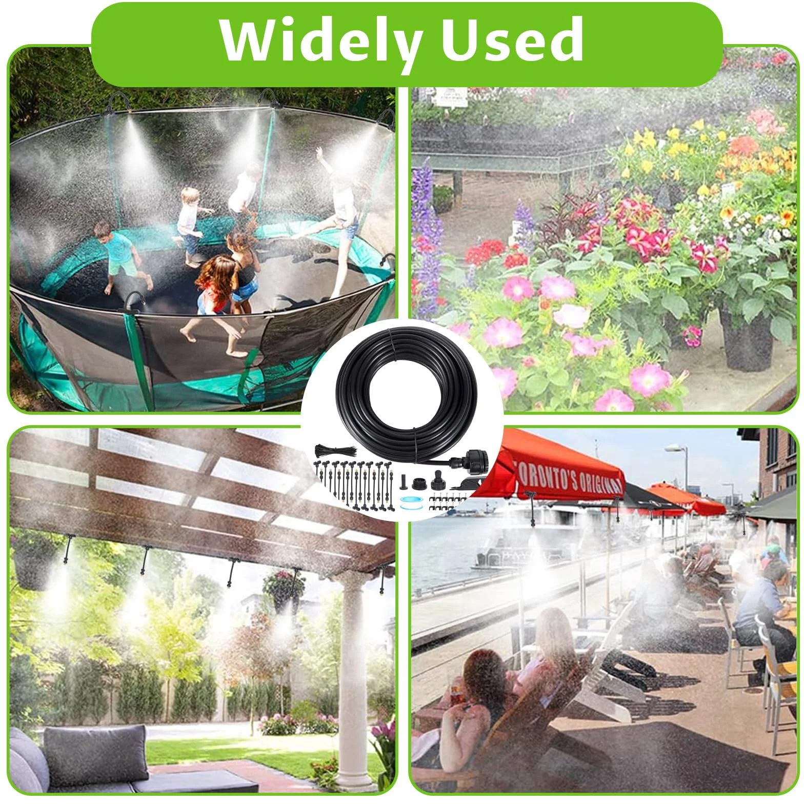 16M Outdoor Mister, 64 szt. Zestawy do nawadniania System zamgławiania z 18 dyszami do mgły ze złączem T + 1 adapter (mosiądz, 3/4") do imprez plenerowych, ogrodów