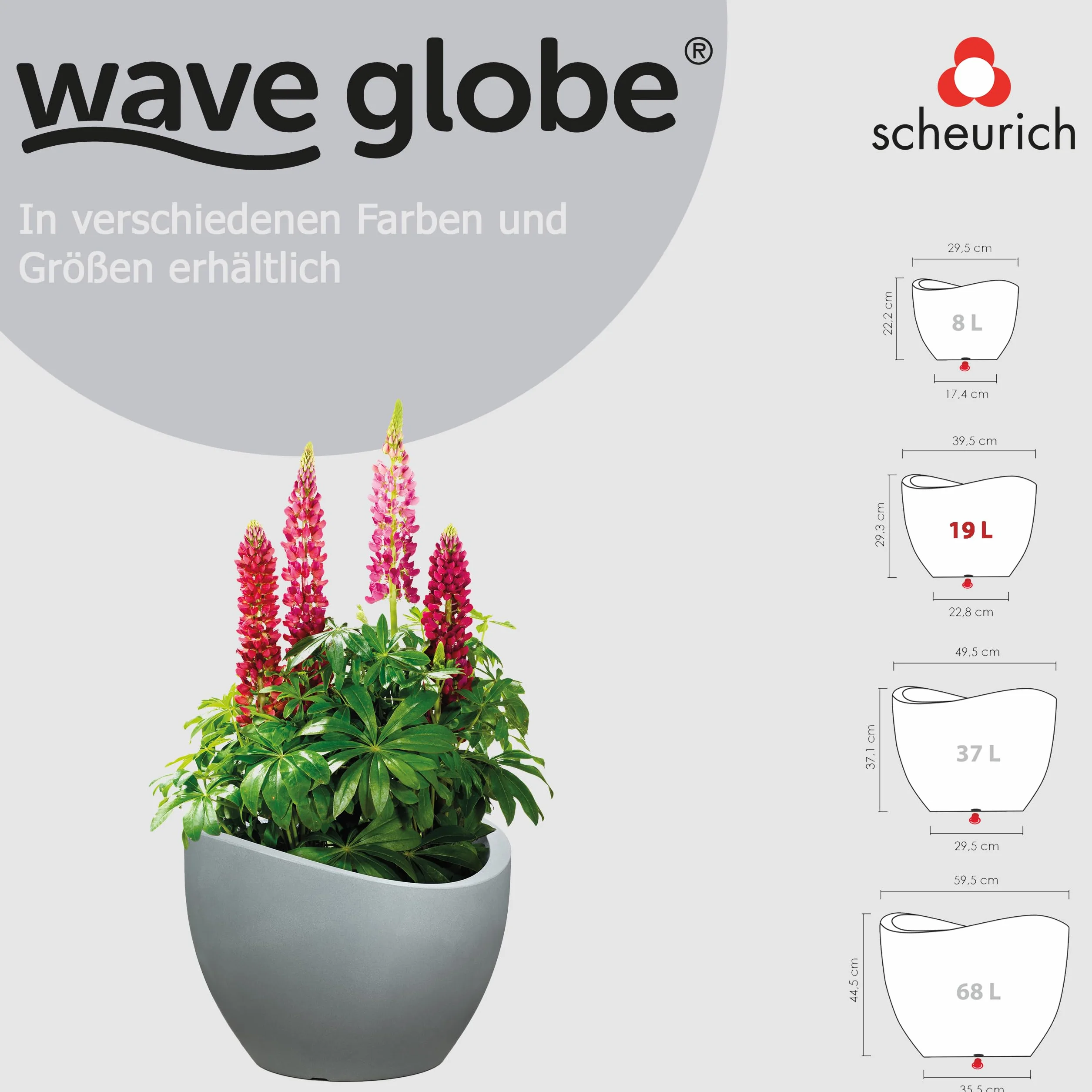 Scheurich Wave Globe 40, donica na rośliny/doniczka/donica na rośliny, okrągła, kolor: szary Stony Grey, wyprodukowana z tworzywa sztucznego pochodzącego z recyklingu, do użytku na zewnątrz