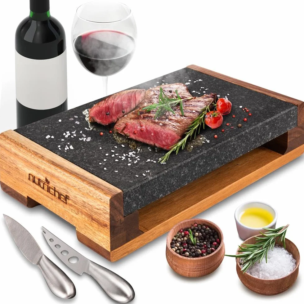 Nutrichef zestaw do grillowania z kamienia lawowego, do steków, grillowania i grillowania mięsa, z nożami ze stali nierdzewnej, utrzymuje ciepło i smak, podgrzewana taca do serwowania jedzenia