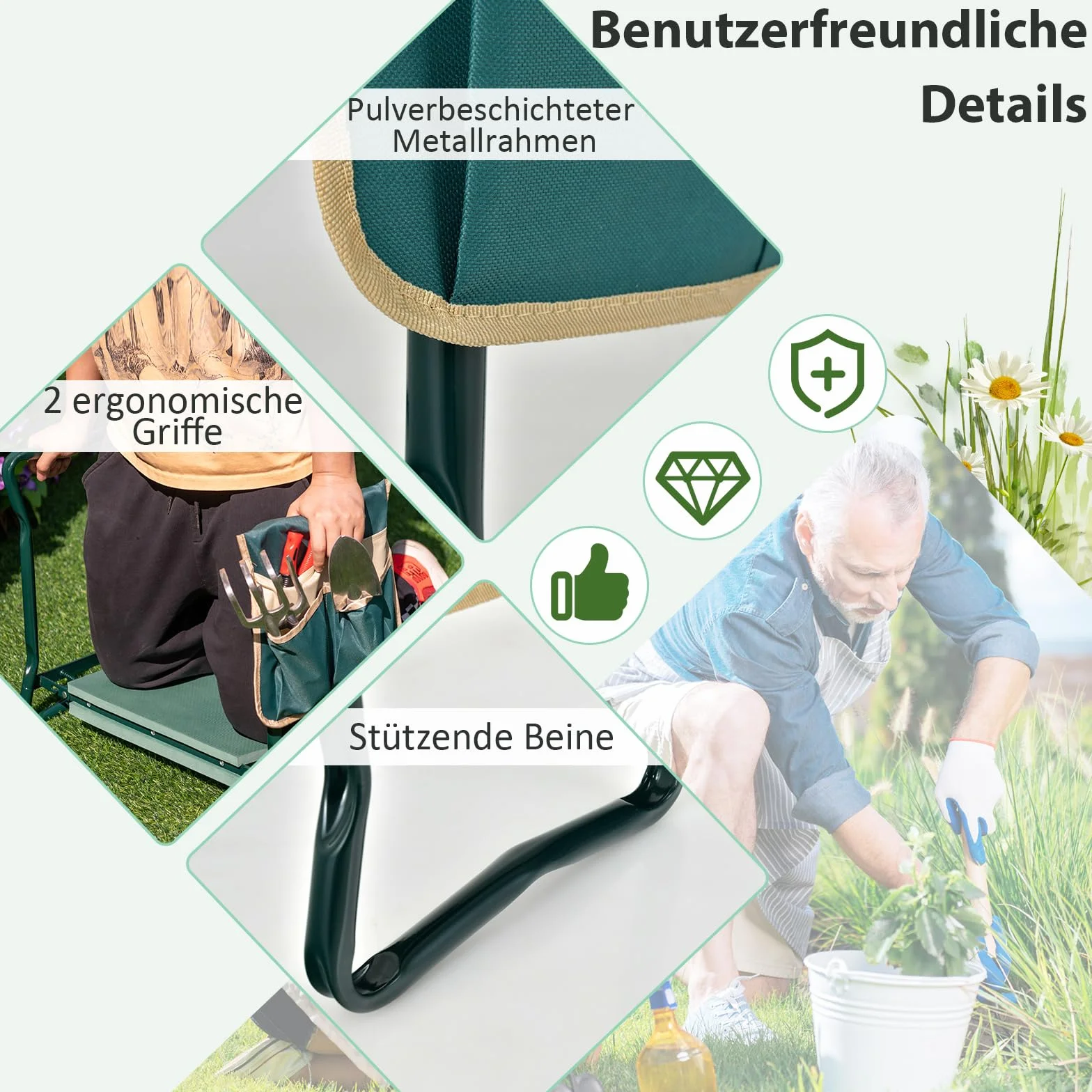COSTWAY Ławka ogrodowa 2 w 1 składana z poduszką EVA i torbą na narzędzia, obciążenie 150 kg, 58x27,5x50 cm, zielona