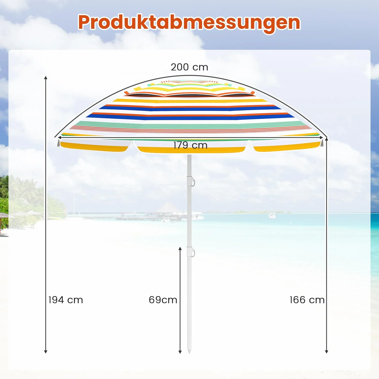 COSTWAY Parasol przeciwsłoneczny, 179 cm, odporny na wiatr, stabilny, UPF 50+, możliwość zginania w zakresie 30°, ochrona przed słońcem z ostrzem do wbijania w ziemię i torbą do przenoszenia, parasol