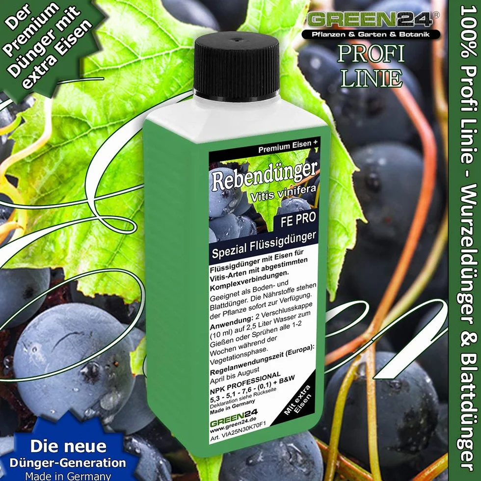 GREEN24 Specjalny nawóz do winorośli FE Pro z żelazem – nawóz do winogron Vitis NPK do roślin w grządkach i doniczkach – kijek do winogron, nawożenie roślin winogronowych
