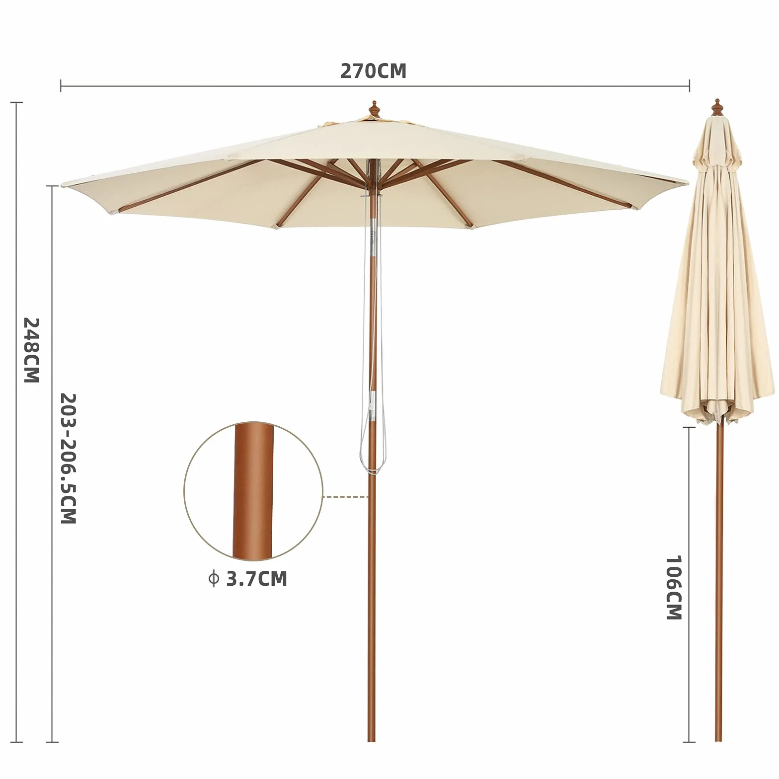 KOMFOTTEU Parasol przeciwsłoneczny, składany, 270/300 cm, z drewna, parasol targowy z 8 podpórkami, parasol tarasowy, możliwość przechylania, do ogrodu, na plażę, balkon, beżowy
