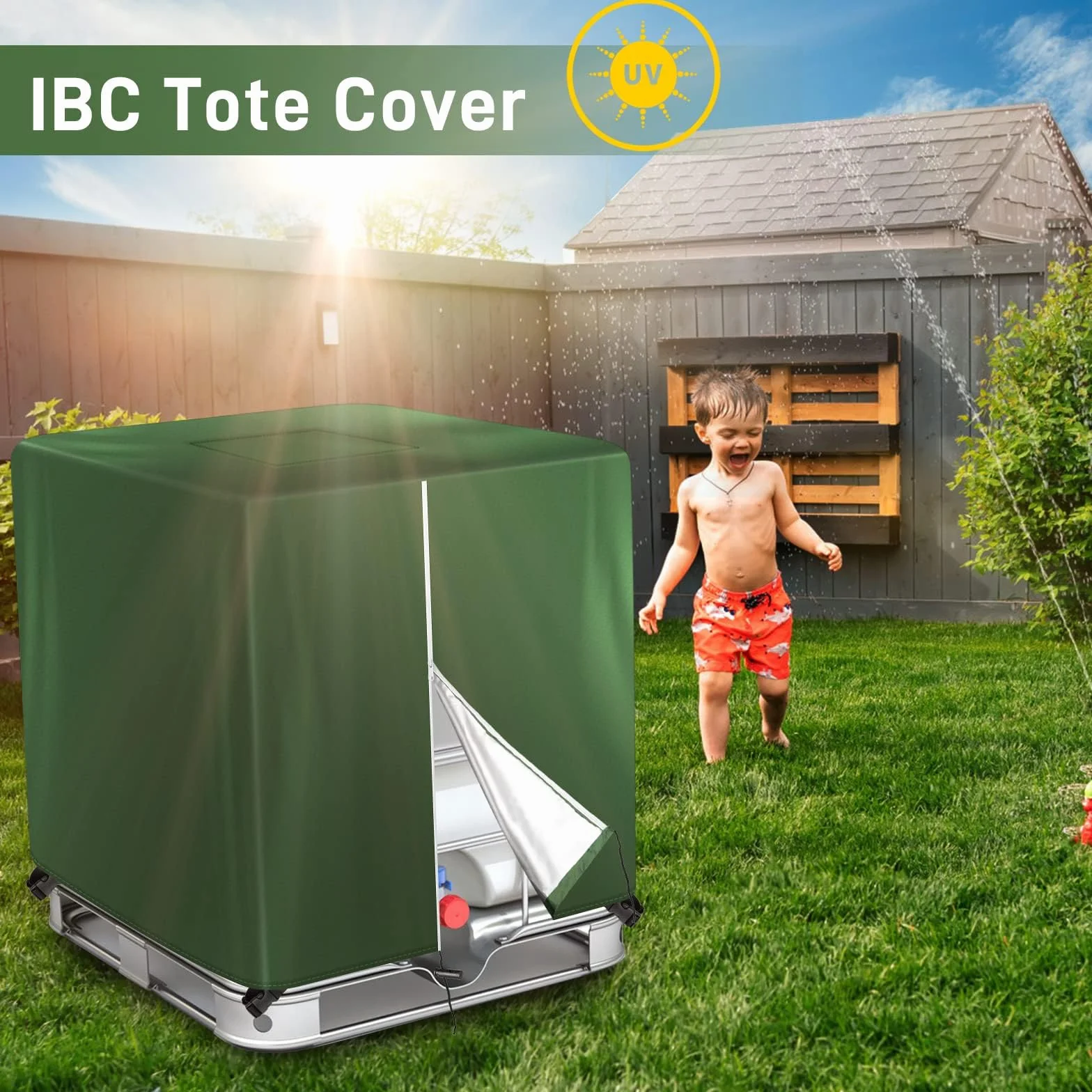 Pokrywa IBC 420D, zbiornik na wodę 1000 l, zielona plandeka, odporna na warunki atmosferyczne i pyłoszczelna