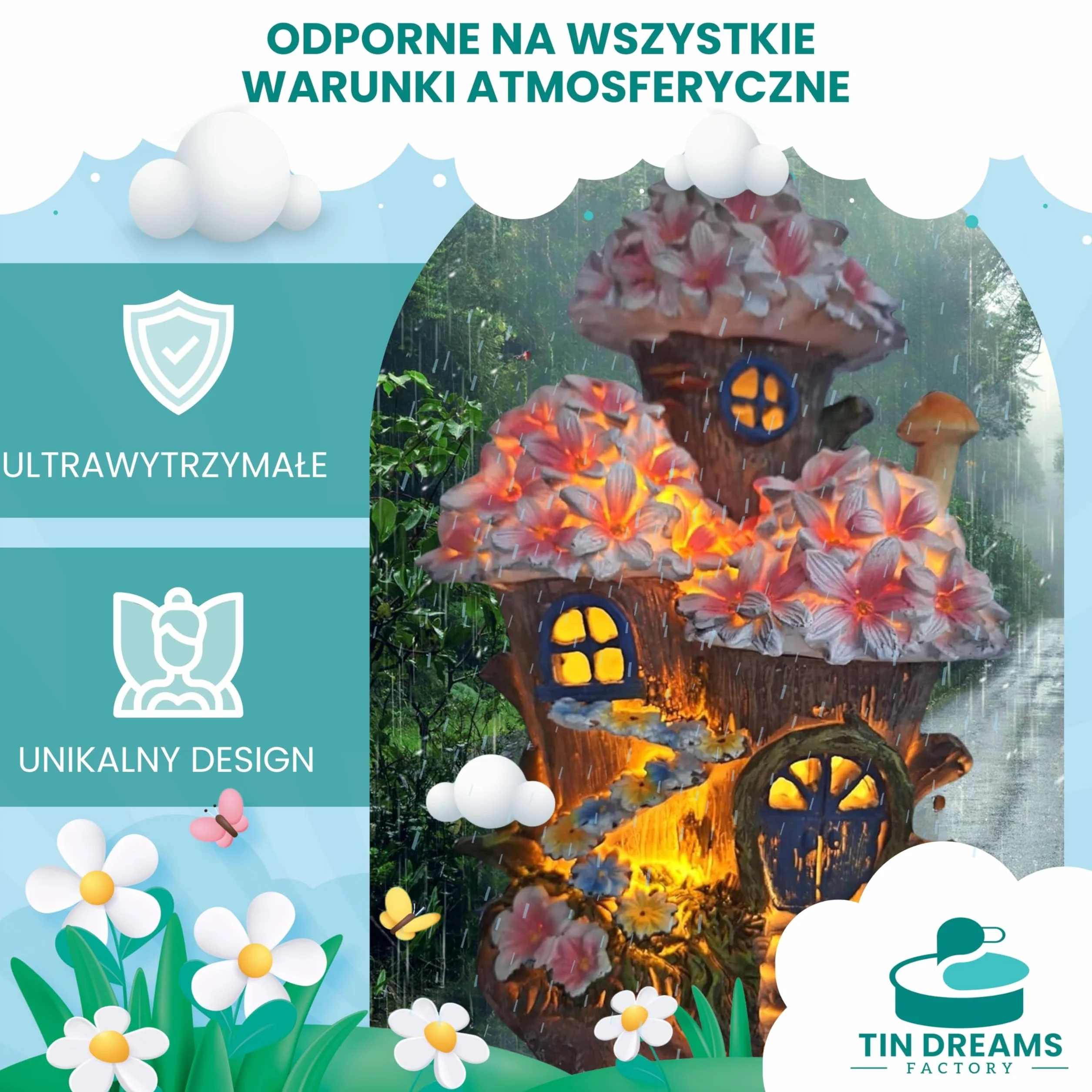 Domek na Drzewie z Zaczarowanymi Kwiatami – Zasilany Energią Słoneczną – Bajkowa Figurka do Ogrodu, Na Taras i Balkon – Magiczna Dekoracja z Automatycznym Oświetleniem LED