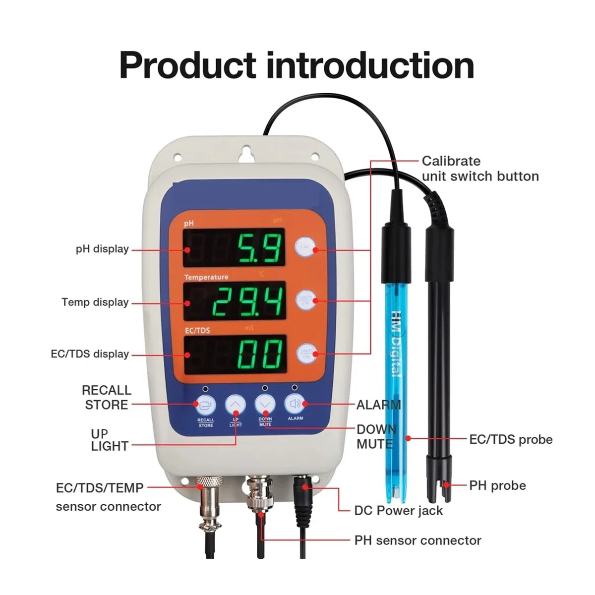 urządzenie do pomiaru gleby, 4 w 1 Tester ści Wody PH Temp EC ORP Monitor Miernik Przewodności Hydroponika Wykrywanie Z 2 Elektrodowym Czujnikiem Sondy -100