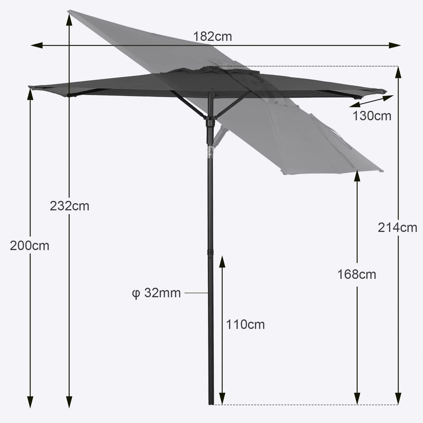 Sekey® Parasol przeciwsłoneczny na balkon, taras i do ogrodu, odporny na wiatr, przechylany, szary, UPF 50+, prostokątny, 180 x 130 cm