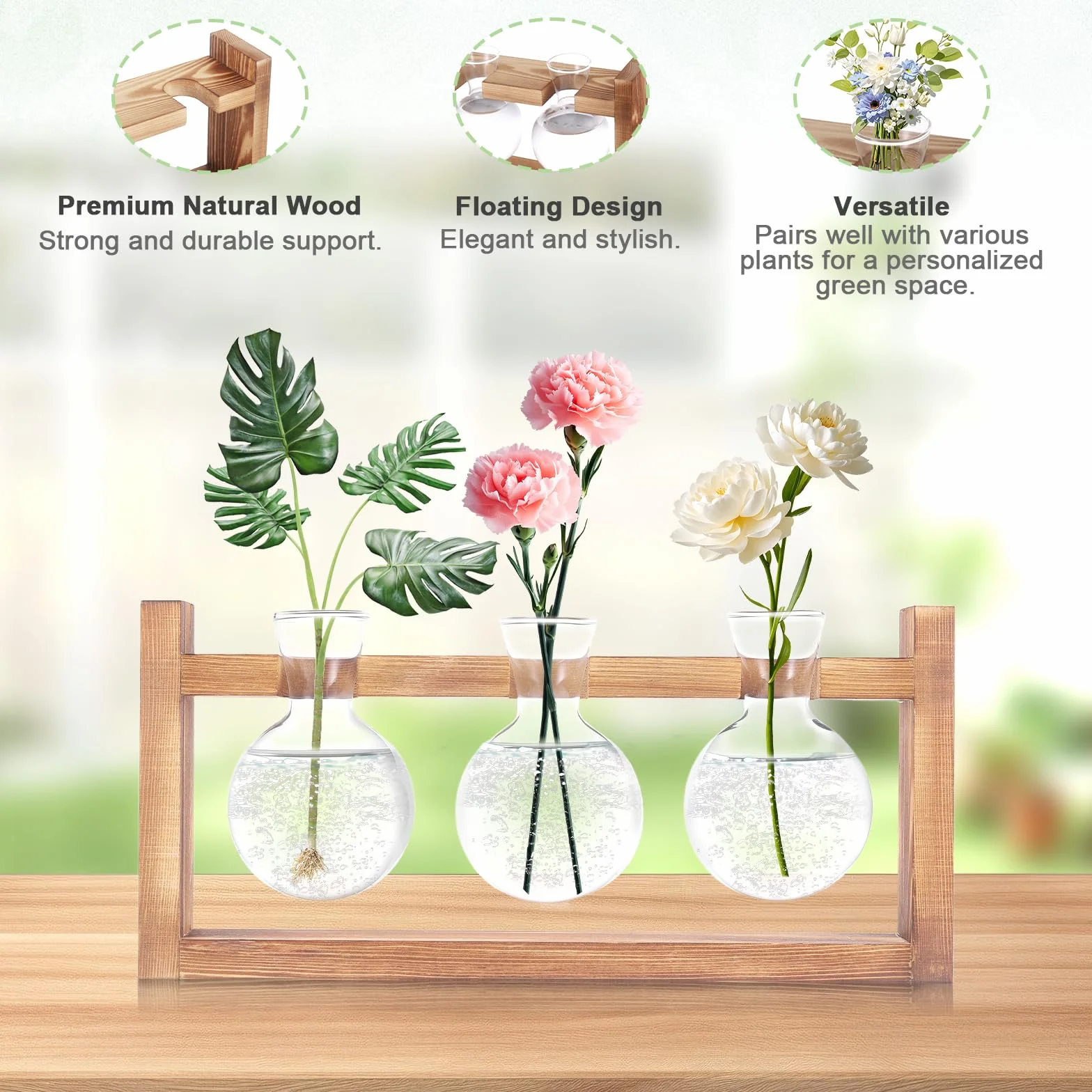 Fentar Stacja rozmnażania roślin, Terrarium Rośliny ekosystem z wtyczką i drewnianą podstawą, moda przezroczyste szkło terrarium, hydroponic szklane doniczki dekoracyjne kryty (kulisty)