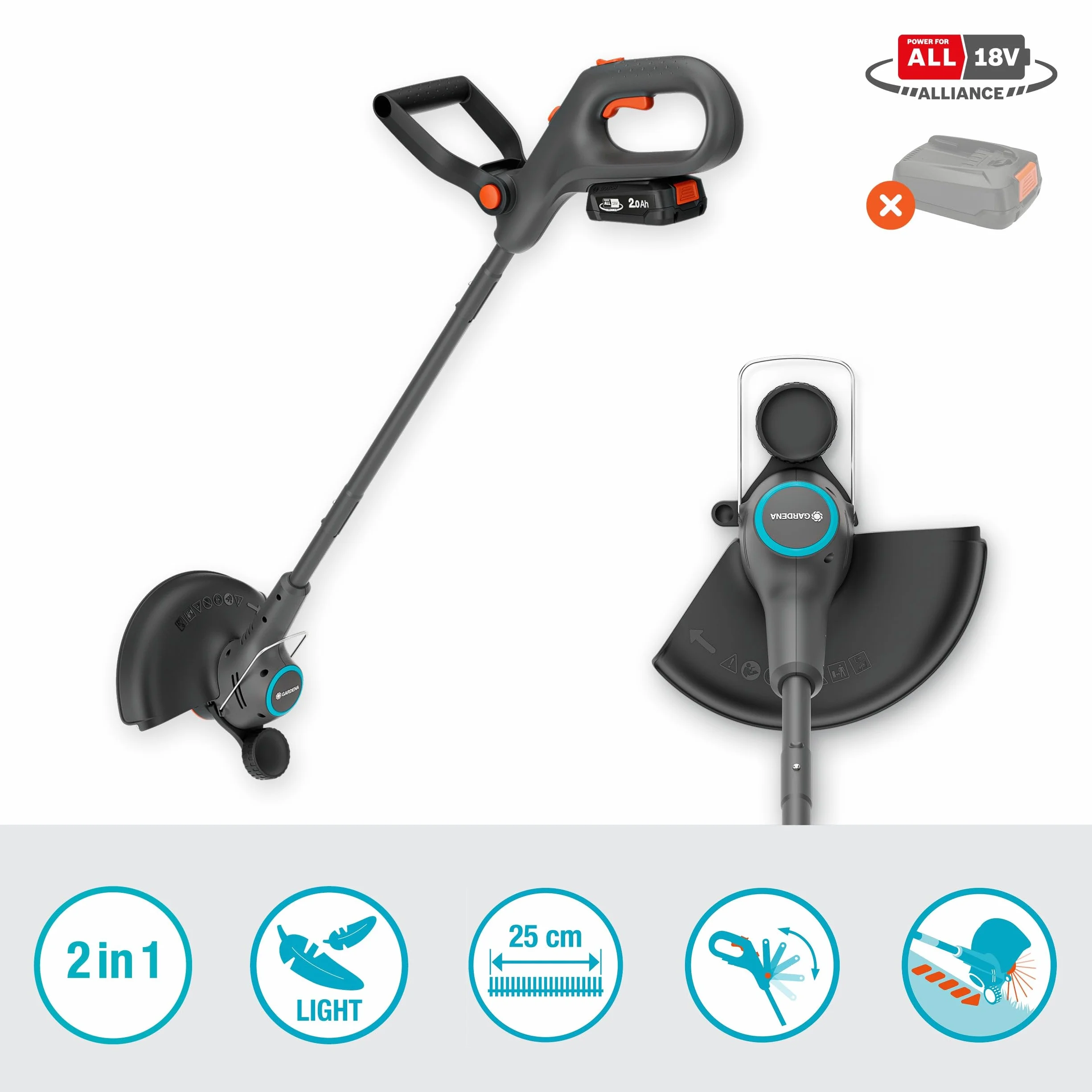 Gardena EasyTrim 25/18 V Solo akumulatorowa podkaszarka do trawy, funkcja 2 w 1, lekka i ergonomiczna, idealna do precyzyjnych krawędzi (14704-55)