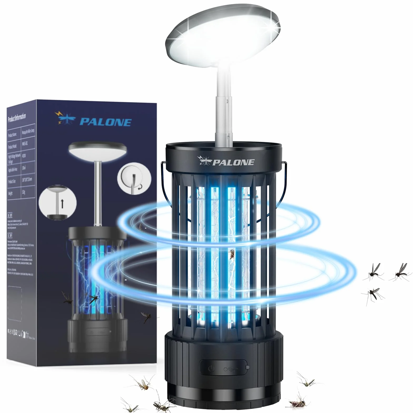 PALONE Przenośna lampa na komary z regulacją wysokości, USB-C 4000mAh - UV + LED do kuchni/balkonu/campingu