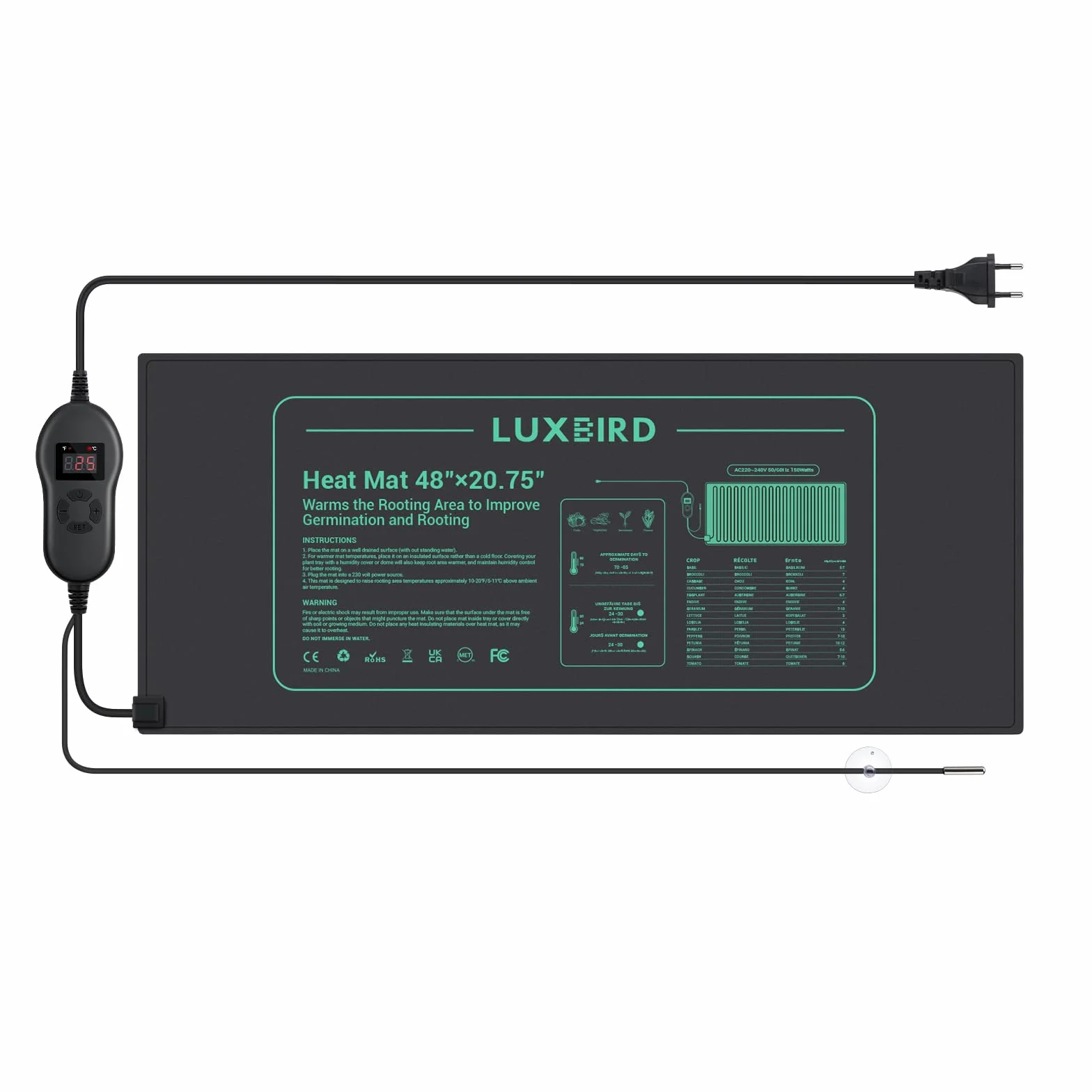 Luxbird Mata grzewcza z termostatem, szklarnia pokojowa, mata grzewcza do sadzonek, 150 W, wodoszczelność IP67, 121,9 x 52,7 cm
