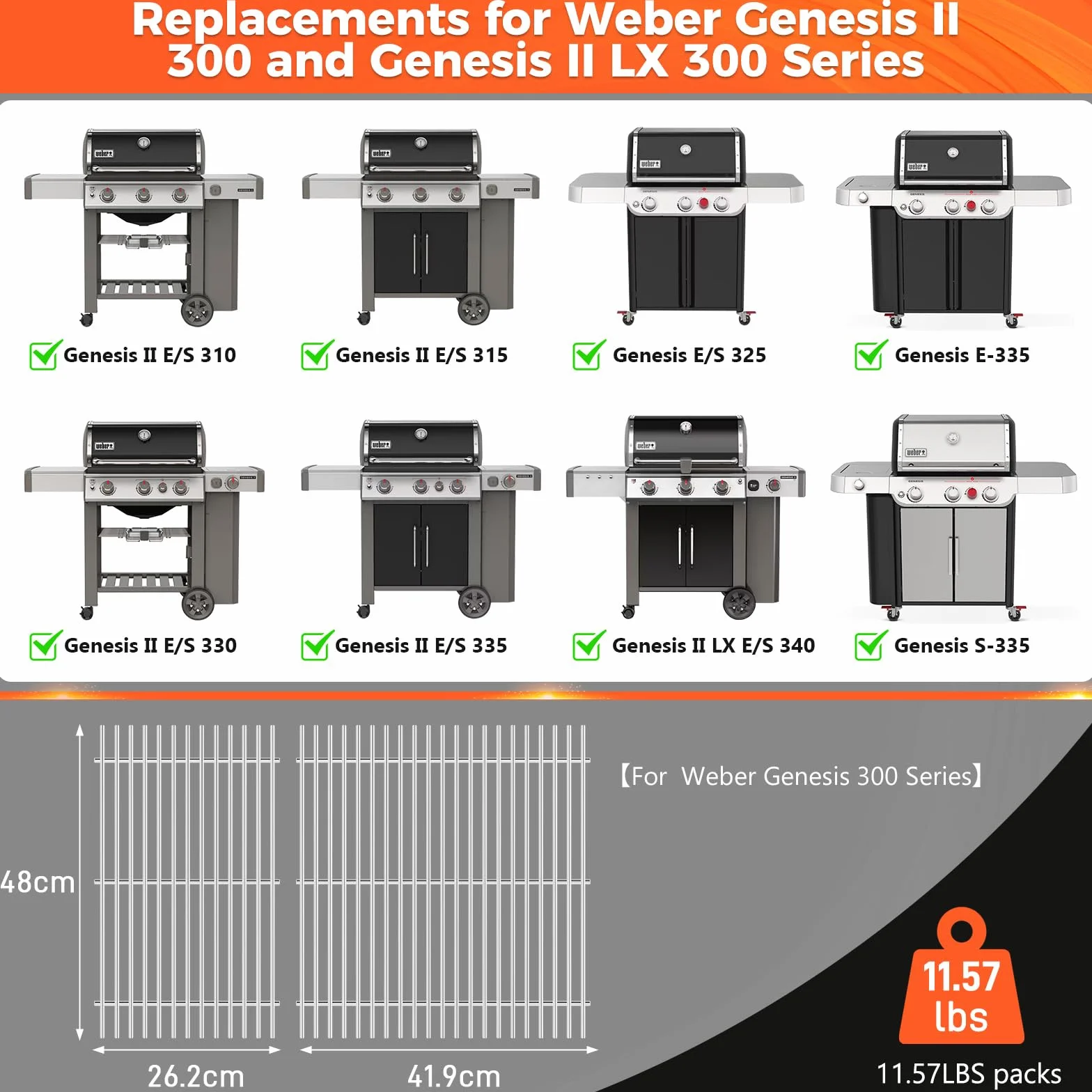 GFTIME Ruszty grillowe 47,9 cm ze stali nierdzewnej 304 do Weber Genesis II 300 & II LX 300 (od 2017) E/S 310 315 325 330 335 345, 7 mm stal nierdzewna, zamiennik do 66095 66802 66805, 2-częściowy